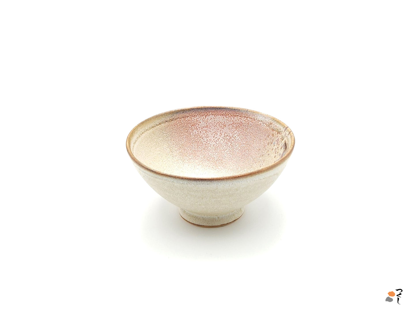 Authentic Japanese pottery bowl with cherry blossoms decoration. Pink and beige color. (side view 5).