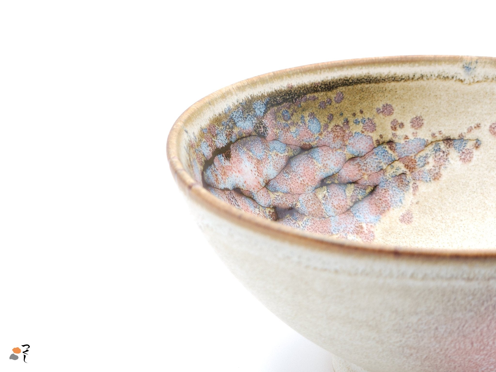 Authentic Japanese pottery bowl with cherry blossoms decoration. Pink and beige color. (side detail view 2).