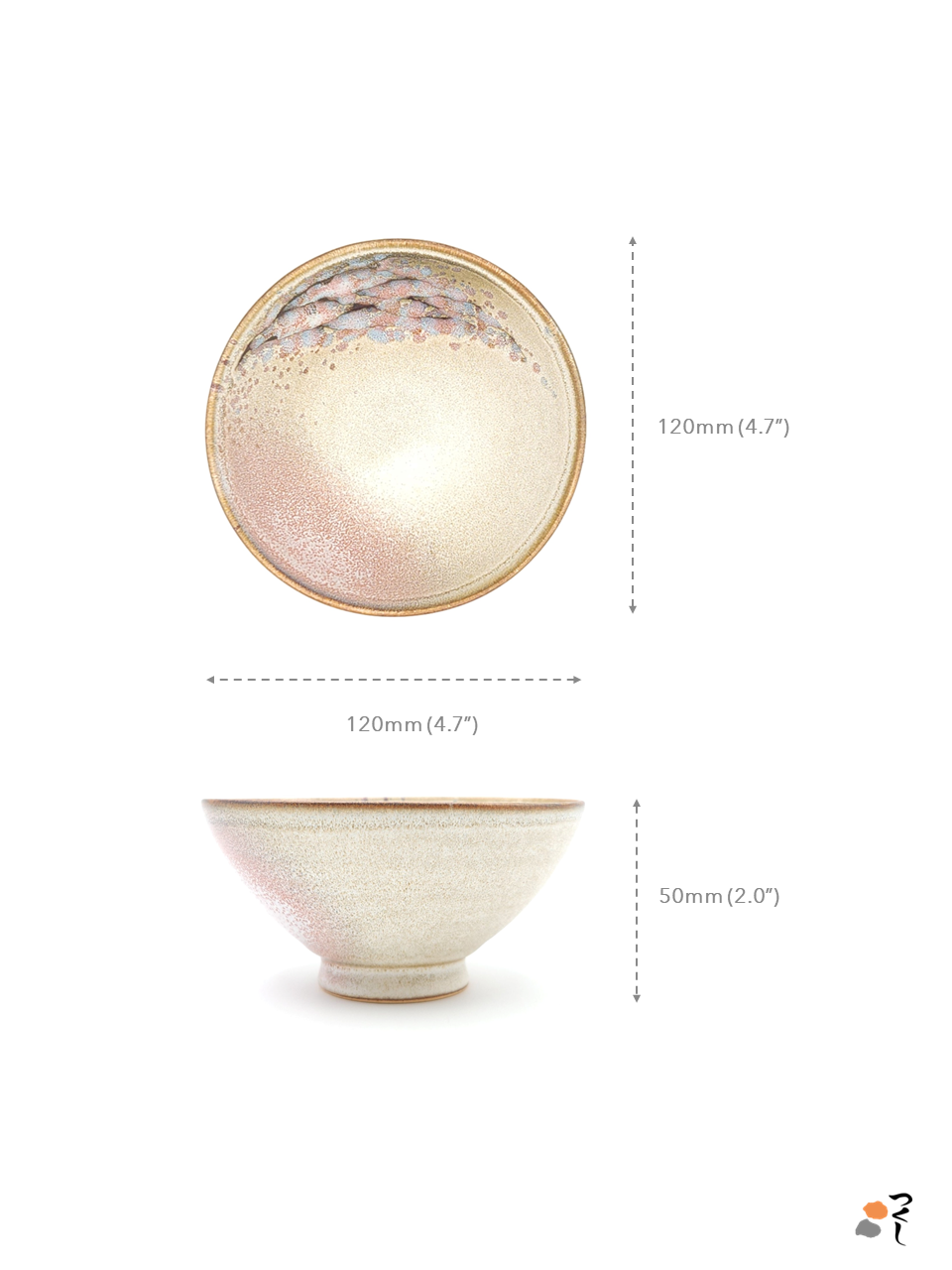 Japanese pottery pink and beige bowl with cherry blossoms decorations. The image indicates the size of the bowl (120mm wide and 50mm high).