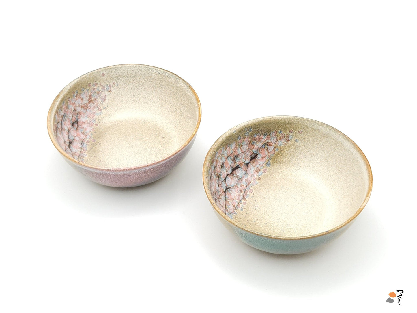 Authentic Japanese pottery salad bowl with cherry blossoms decoration.  (pink and green pair view 1).