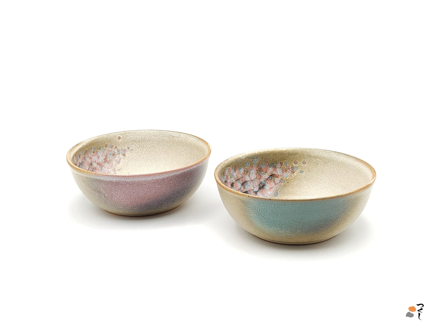 Authentic Japanese pottery salad bowl with cherry blossoms decoration.  (pink and green pair view 2).