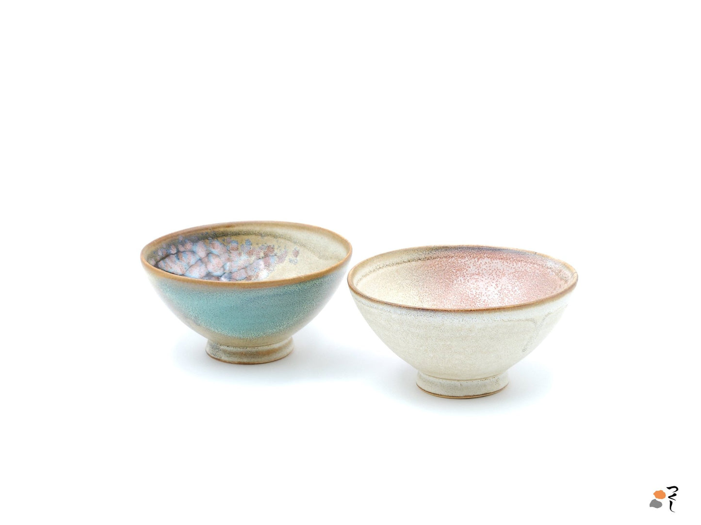 Authentic Japanese pottery bowl pair with cherry blossoms decoration. Green/pink and beige color (3)