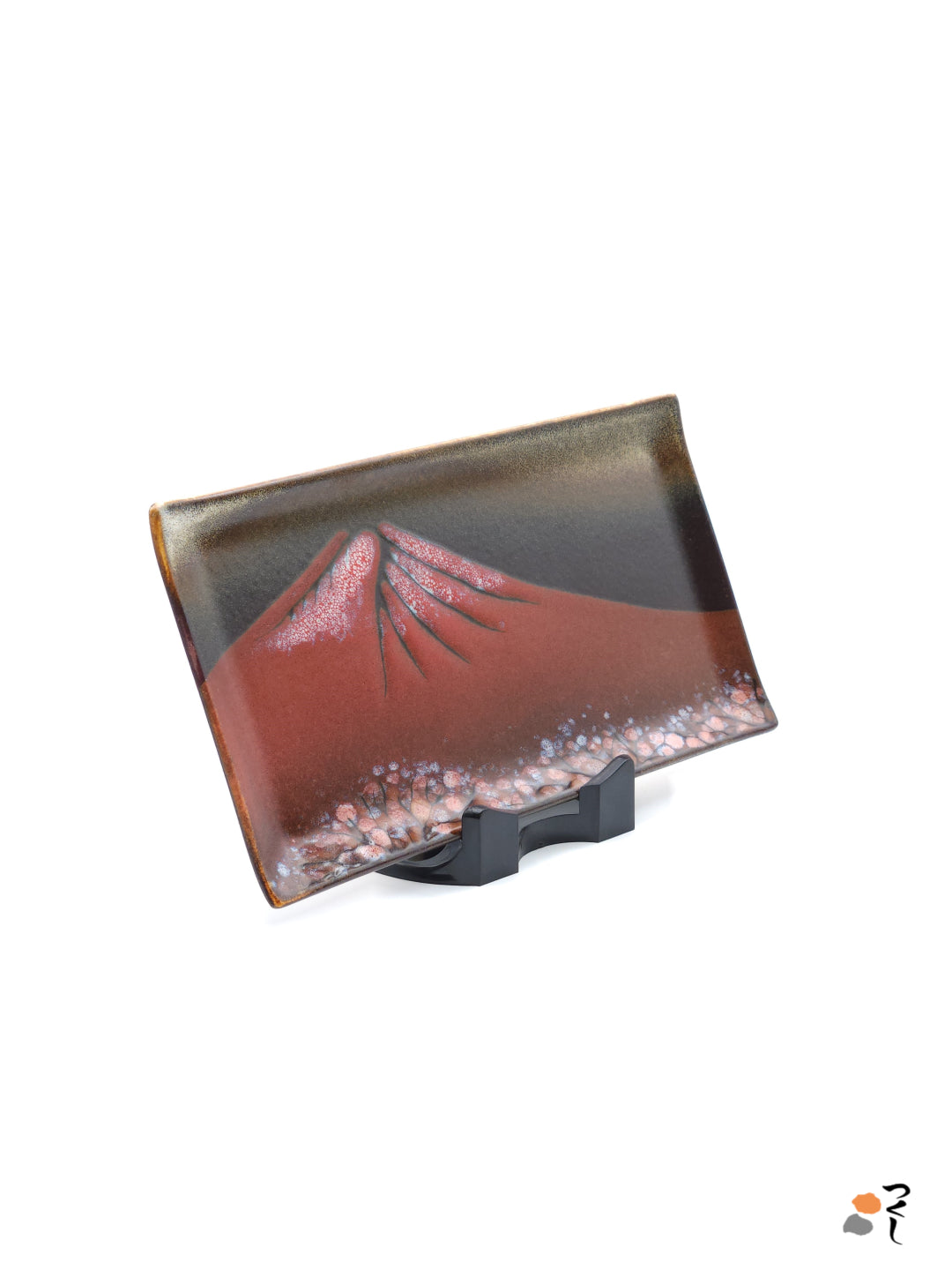 Authentic Japanese pottery rectangular plate with Mt.Fuji decoration. red and brown color. (front side view 1).