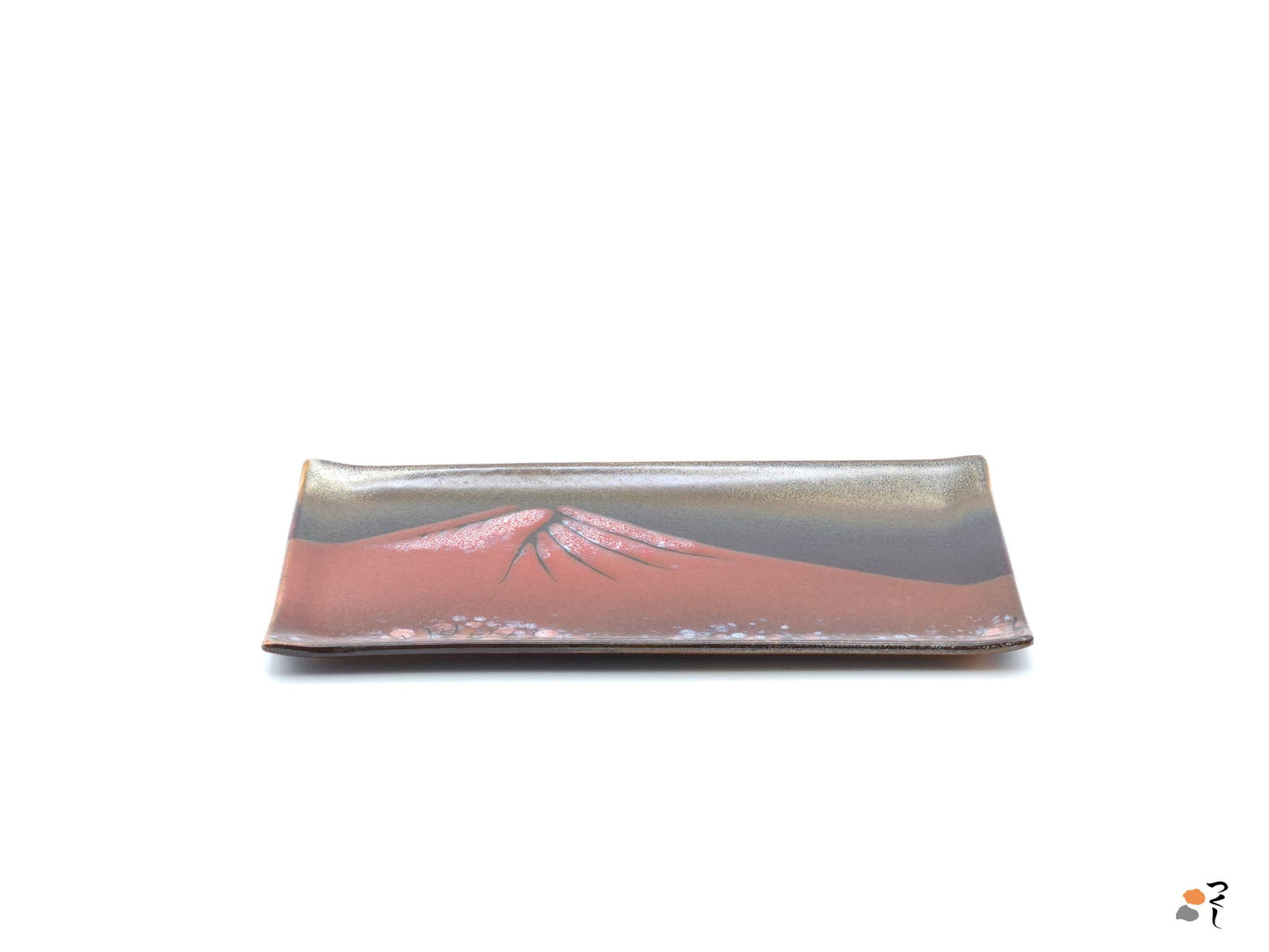 Authentic Japanese pottery rectangular plate with Mt.Fuji decoration. red and brown color. (front side view 3).