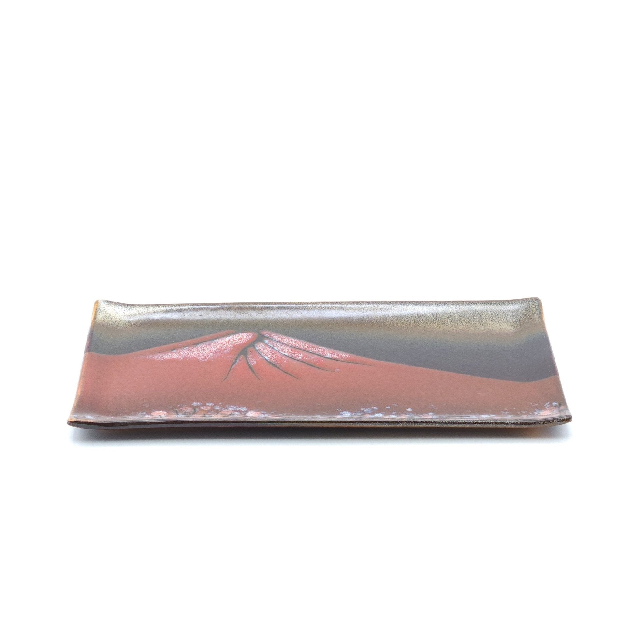 Authentic Japanese pottery rectangular plate with Mt.Fuji decoration. red and brown color. (front side view 3).