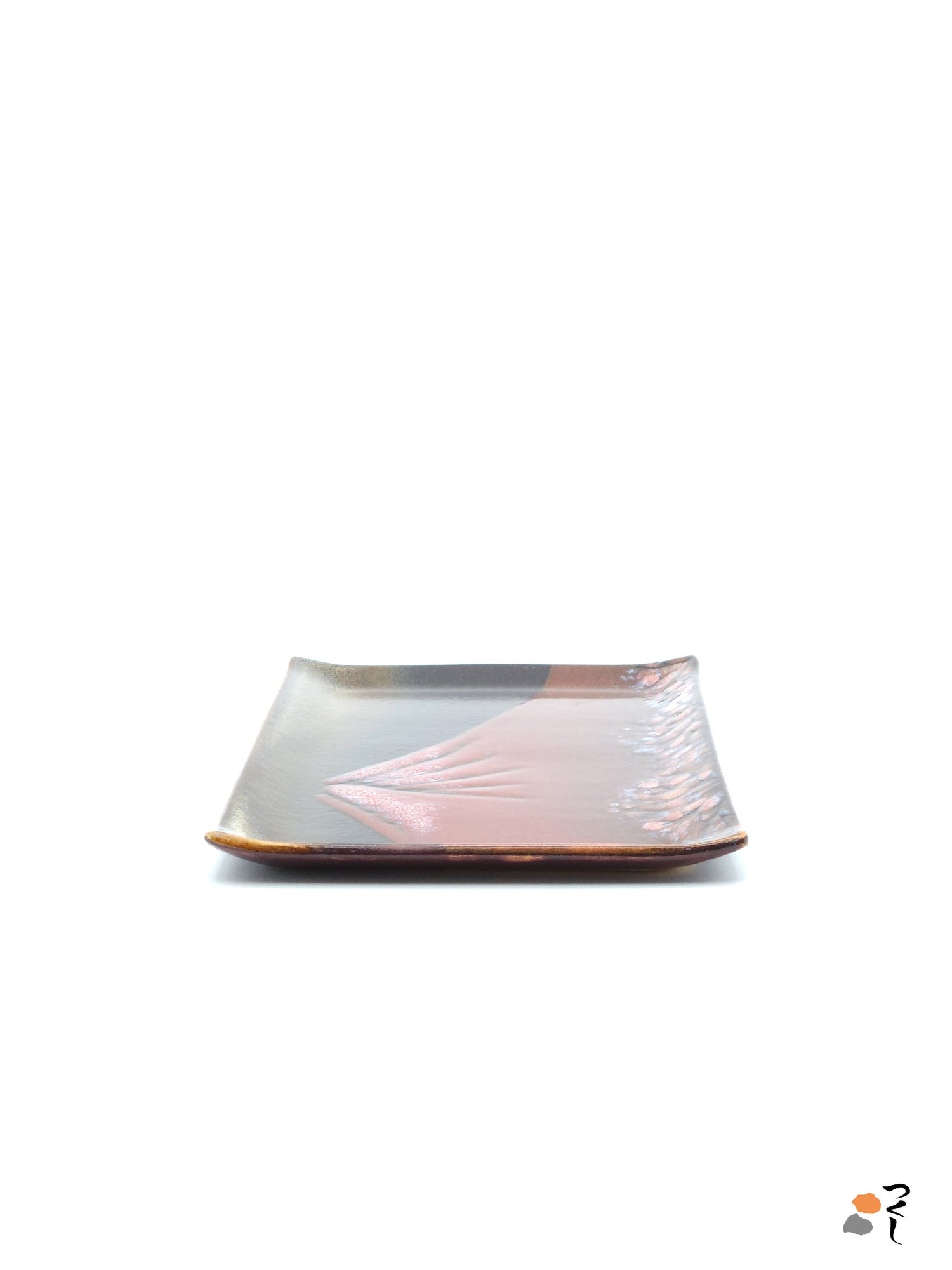 Authentic Japanese pottery rectangular plate with Mt.Fuji decoration. red and brown color. (side view 1).