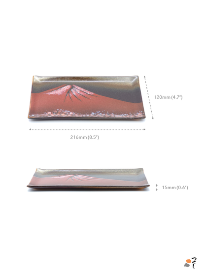 Authentic Japanese pottery rectangular plate with Mt.Fuji decoration. red and brown color.  The image indicates the size of the rectangular plate (120mm length, 216mm width and 15mm high).