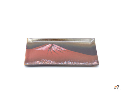 Authentic Japanese pottery rectangular plate with Mt.Fuji decoration. red and brown color.   (top view 1).