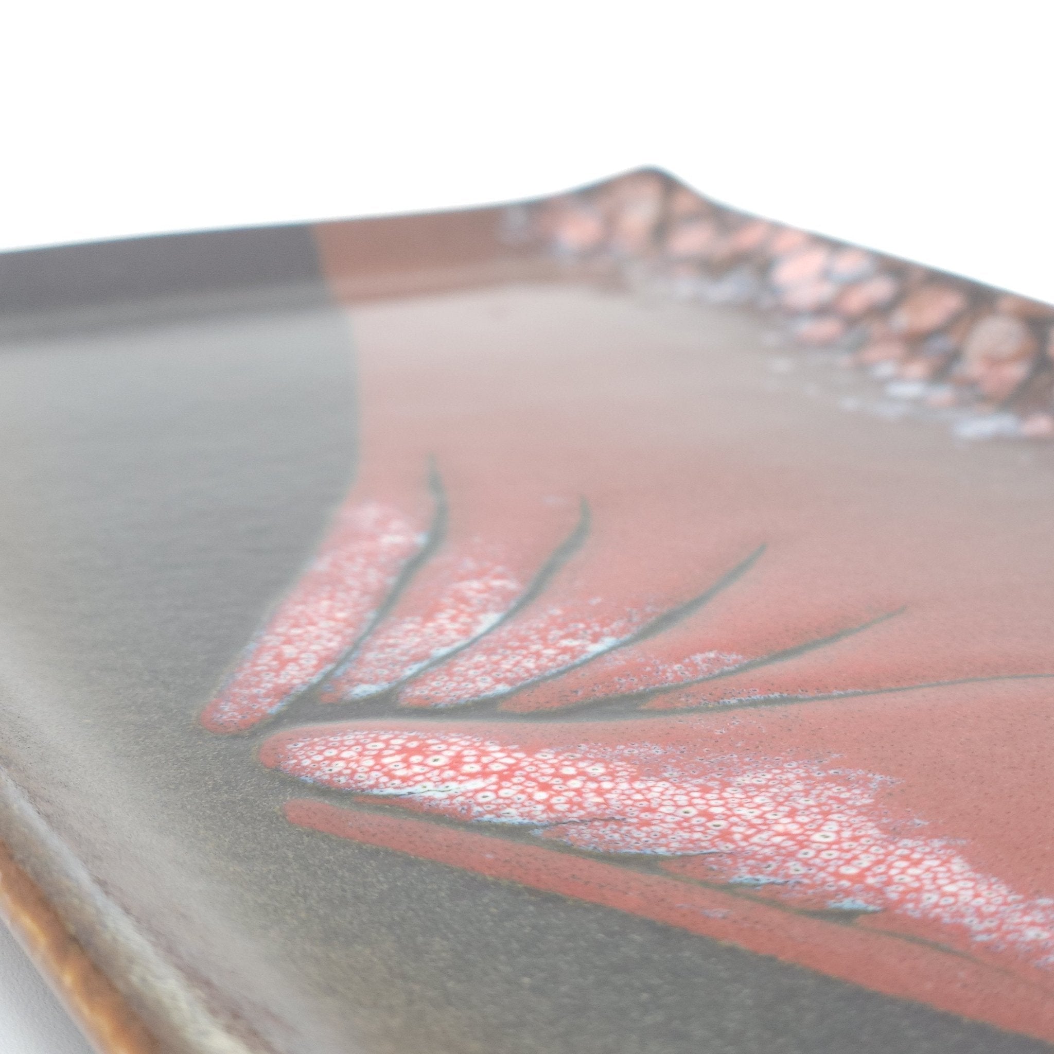 Authentic Japanese pottery rectangular plate with Mt.Fuji decoration. red and brown color. (top detail view 1).