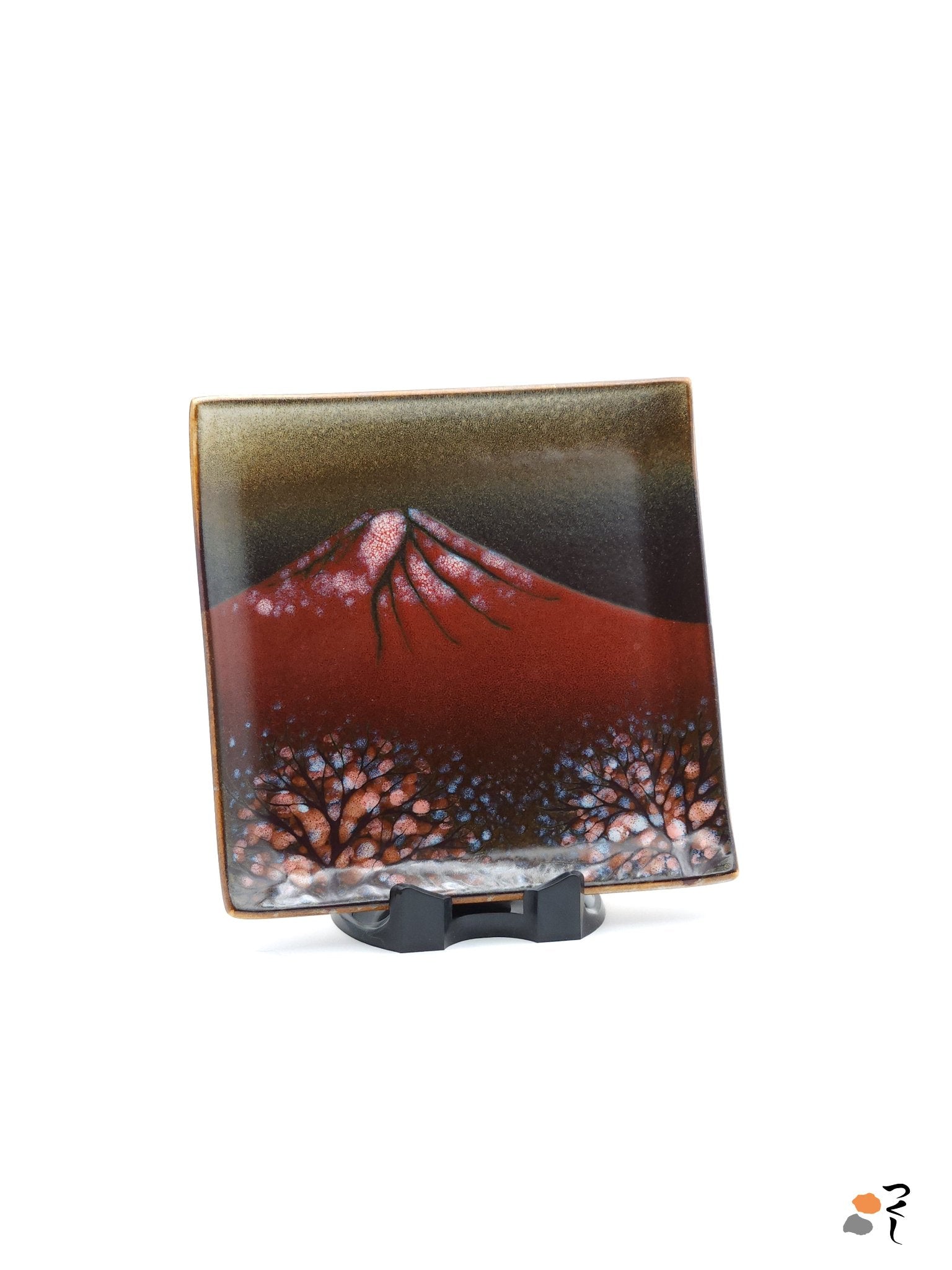 Authentic Japanese pottery square plate with Mt.Fuji decoration. red and brown color. (front side view 1).