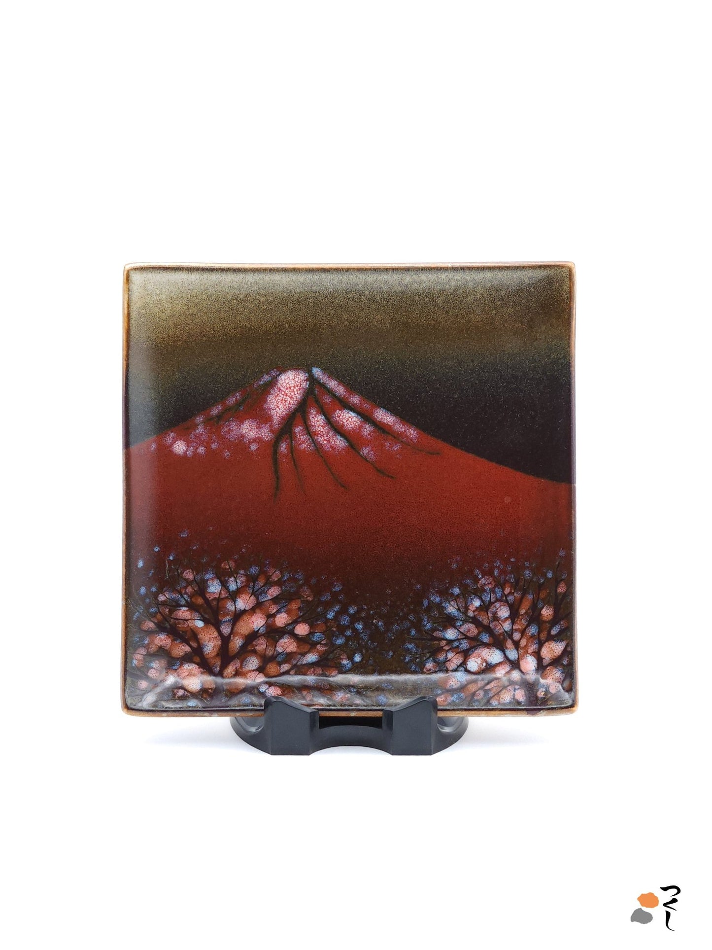 Authentic Japanese pottery square plate with Mt.Fuji decoration. red and brown color. (front side view 2).