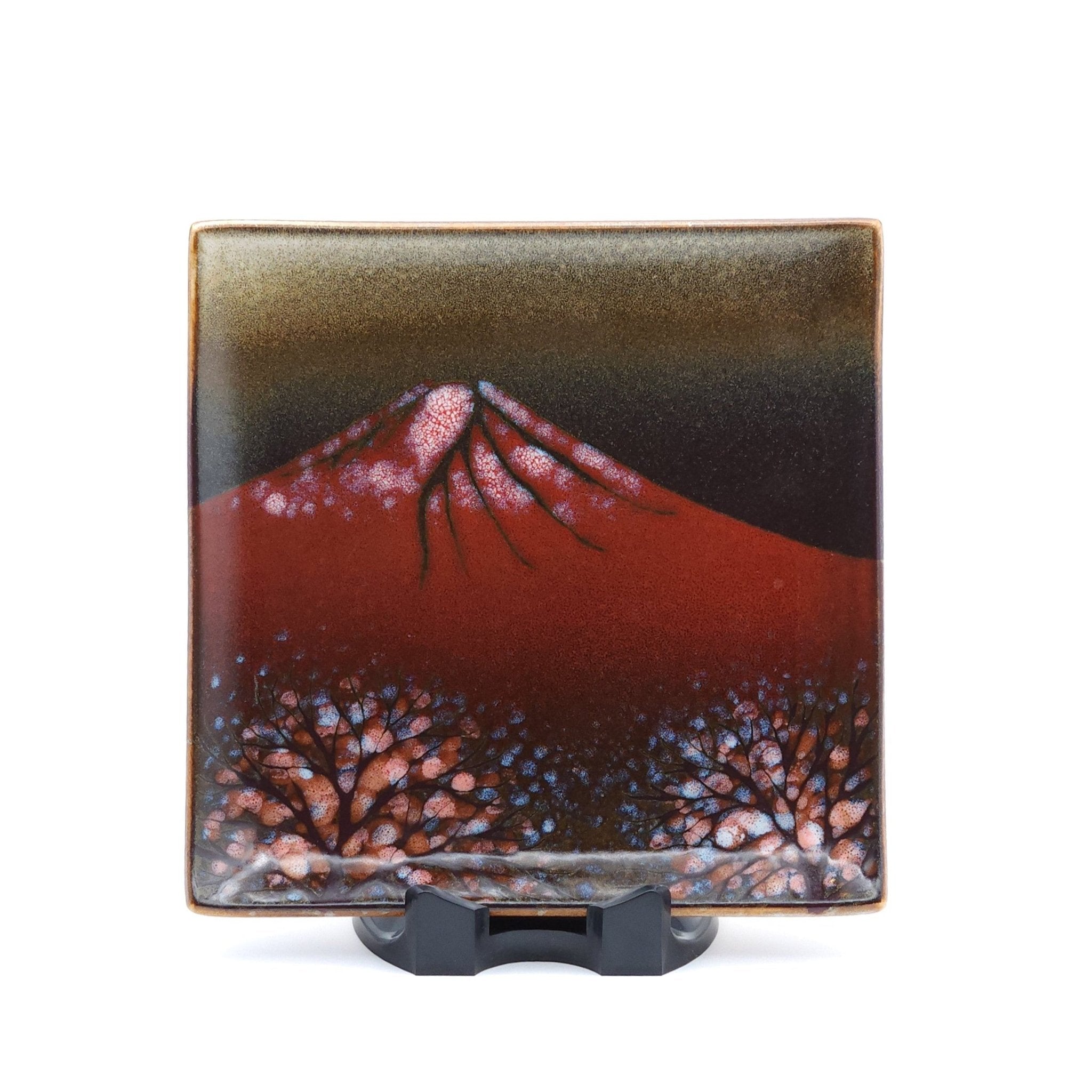 Authentic Japanese pottery square plate with Mt.Fuji decoration. red and brown color. (front side view 2).