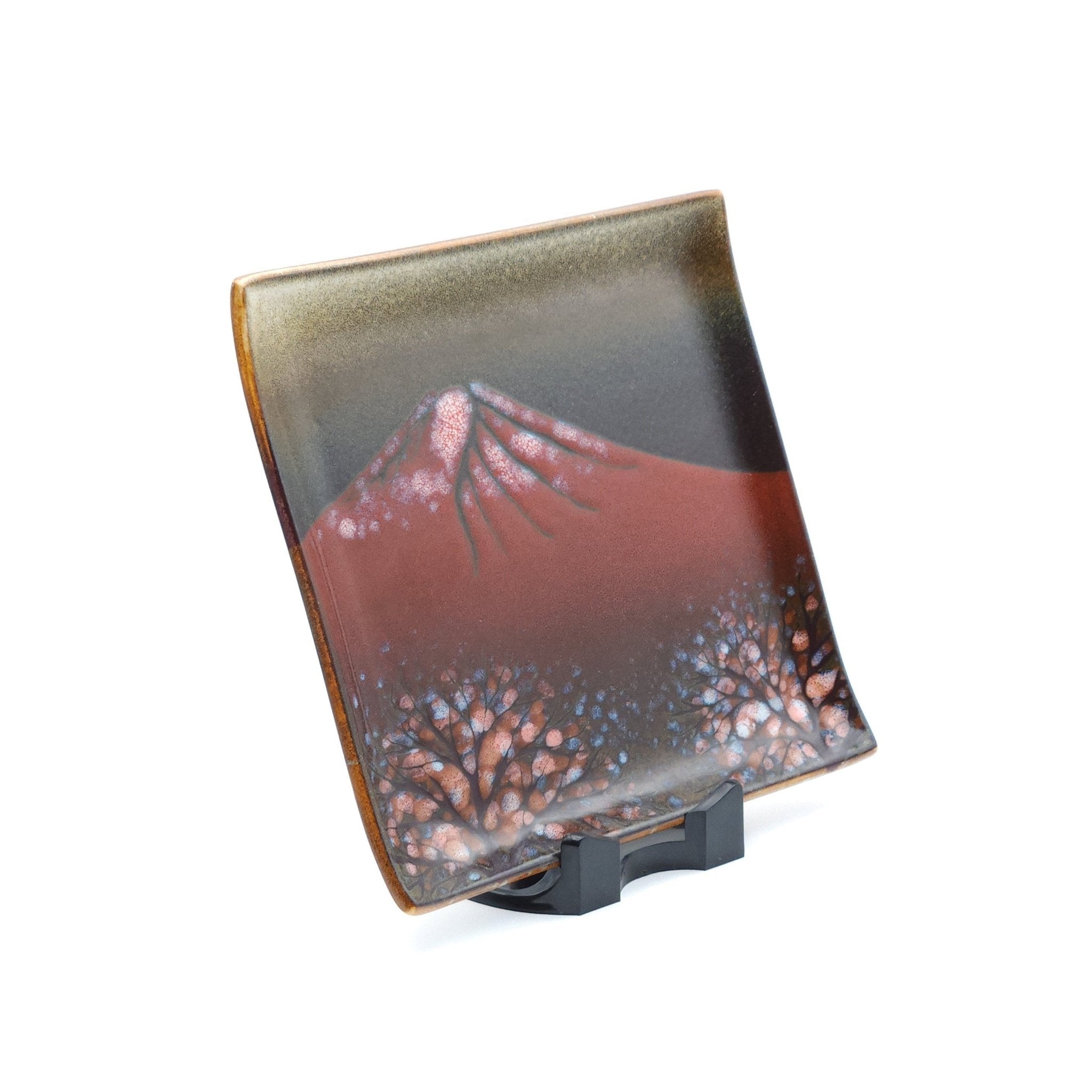 Authentic Japanese pottery square plate with Mt.Fuji decoration. red and brown  color. (front side view 3).