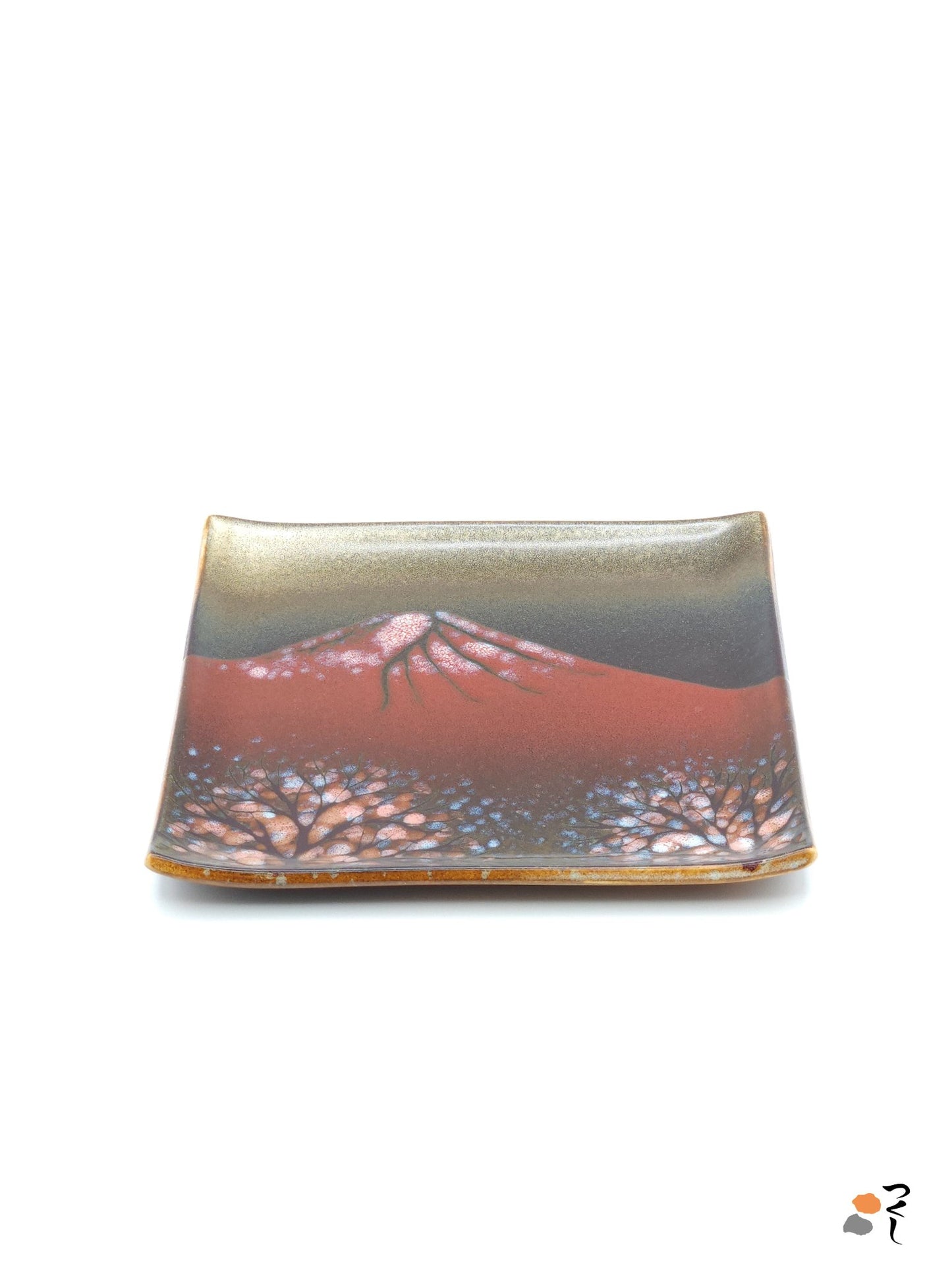 Authentic Japanese pottery square plate with Mt.Fuji decoration. red and brown  color. (front side view 5).