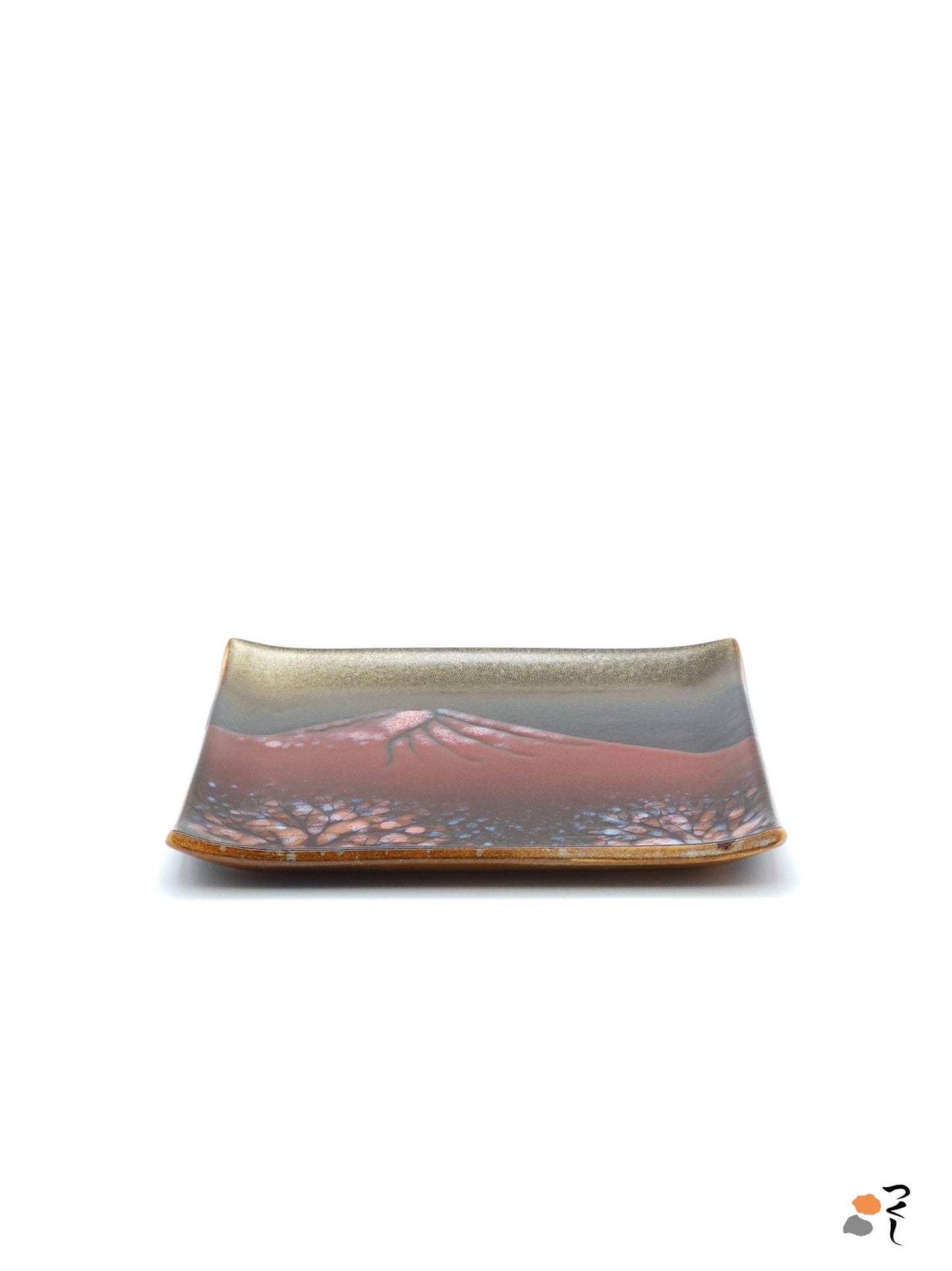 Authentic Japanese pottery square plate with Mt.Fuji decoration. red and brown  color. (side view 1).