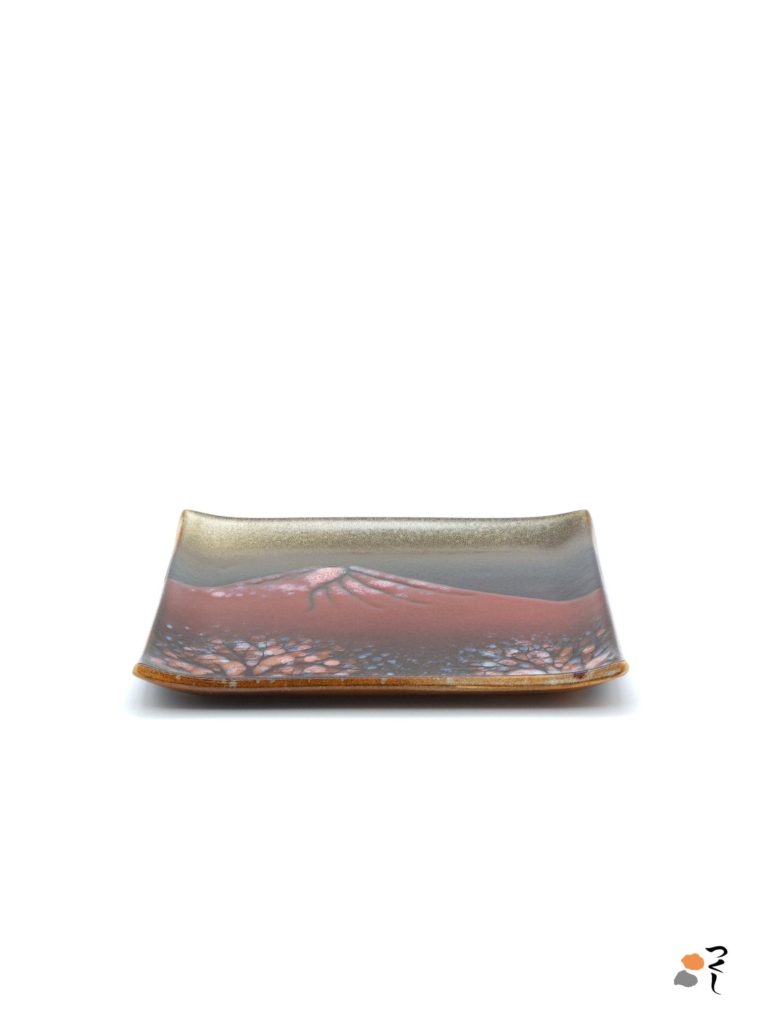 Authentic Japanese pottery square plate with Mt.Fuji decoration. red and brown  color. (side view 1).