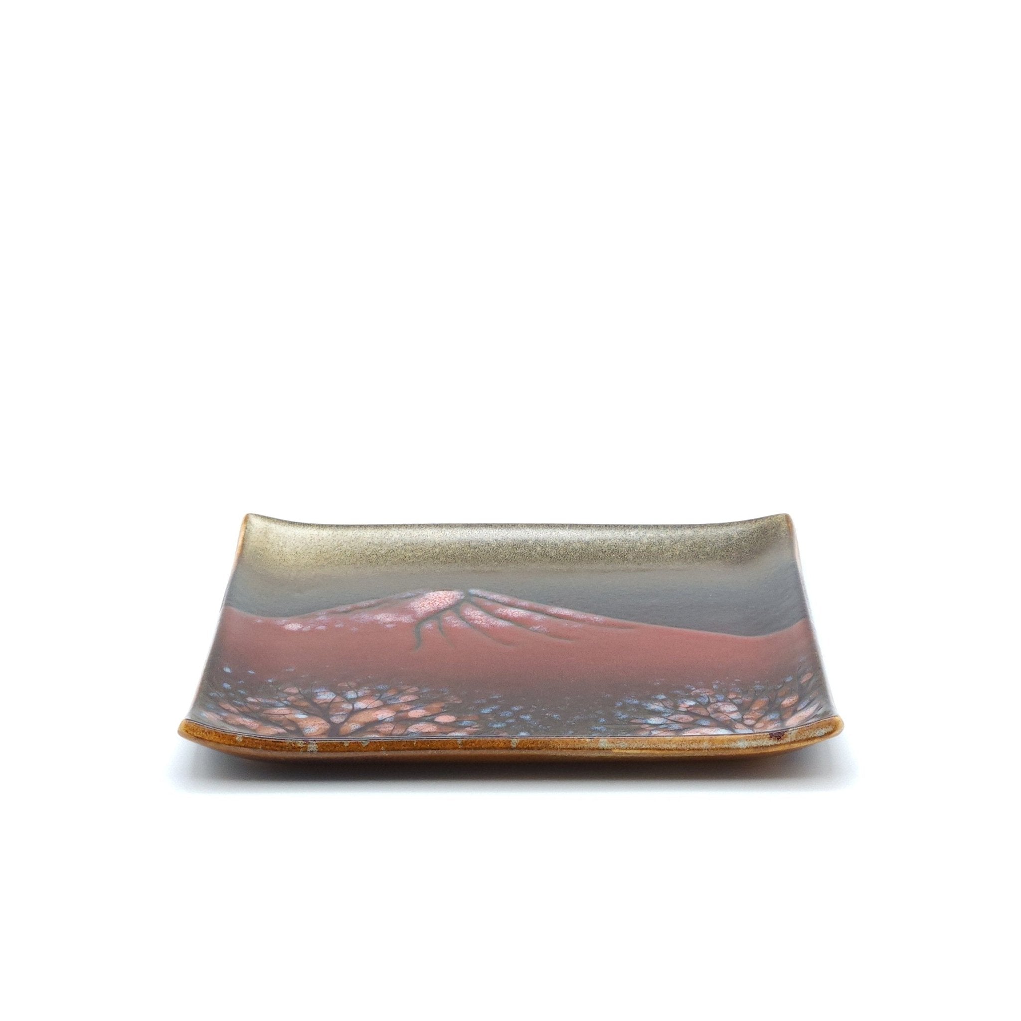 Authentic Japanese pottery square plate with Mt.Fuji decoration. red and brown  color. (side view 1).