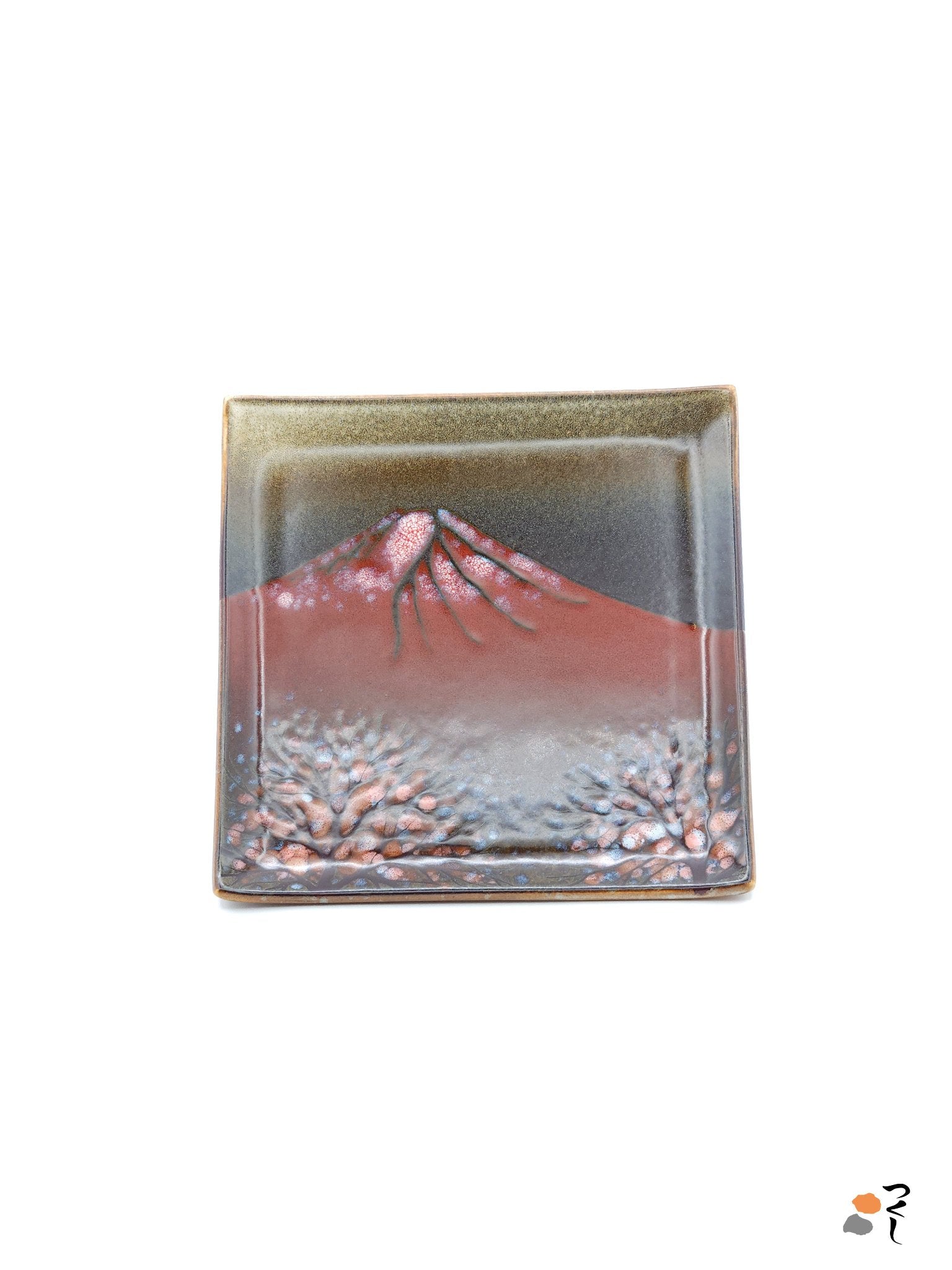 Authentic Japanese pottery square plate with Mt.Fuji decoration. red and brown  color.  (top view 1).