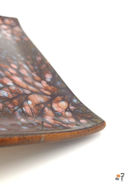 Authentic Japanese pottery square plate with Mt.Fuji decoration. red and brown  color.(top detail view 1).