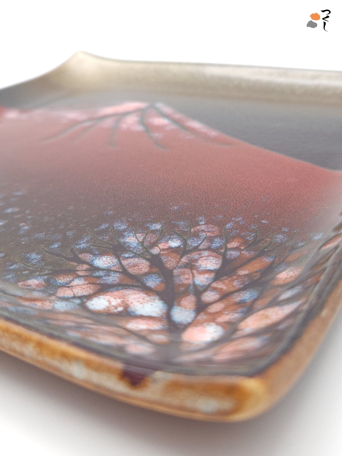 Authentic Japanese pottery square plate with Mt.Fuji decoration. red and brown  color.(top detail view 2).