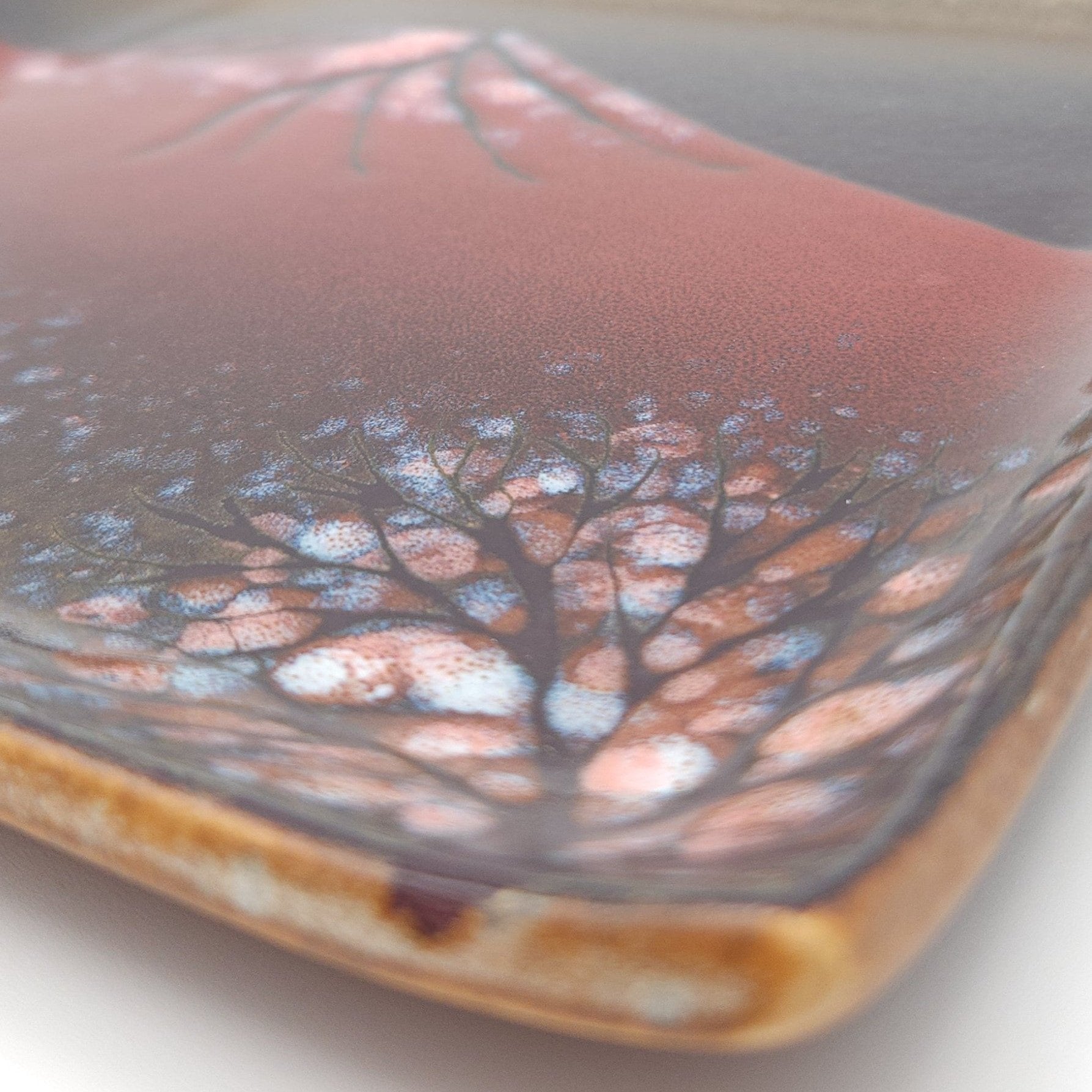 Authentic Japanese pottery square plate with Mt.Fuji decoration. red and brown  color.(top detail view 2).