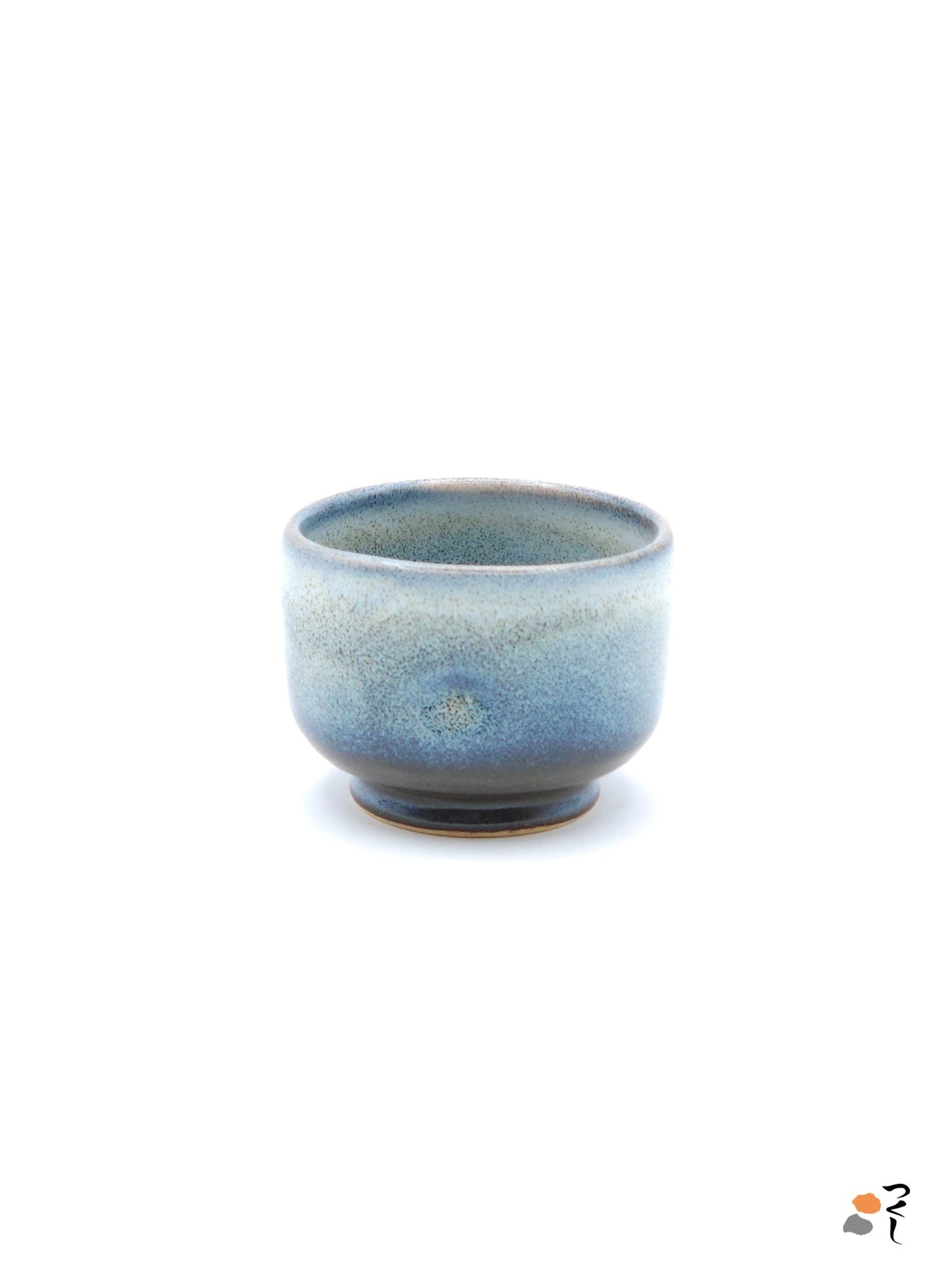 Authentic Japanese pottery teacup with tree decoration. blue and white color. (side view 1).
