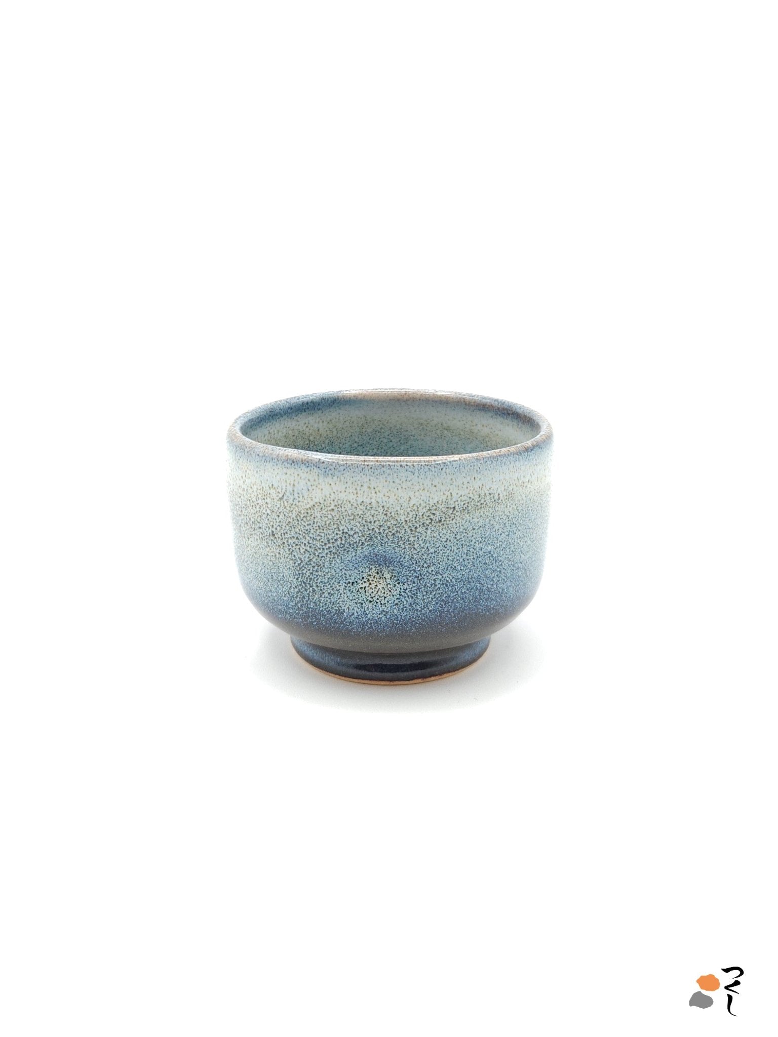 Authentic Japanese pottery teacup with tree decoration. blue and white color. (side view 3).