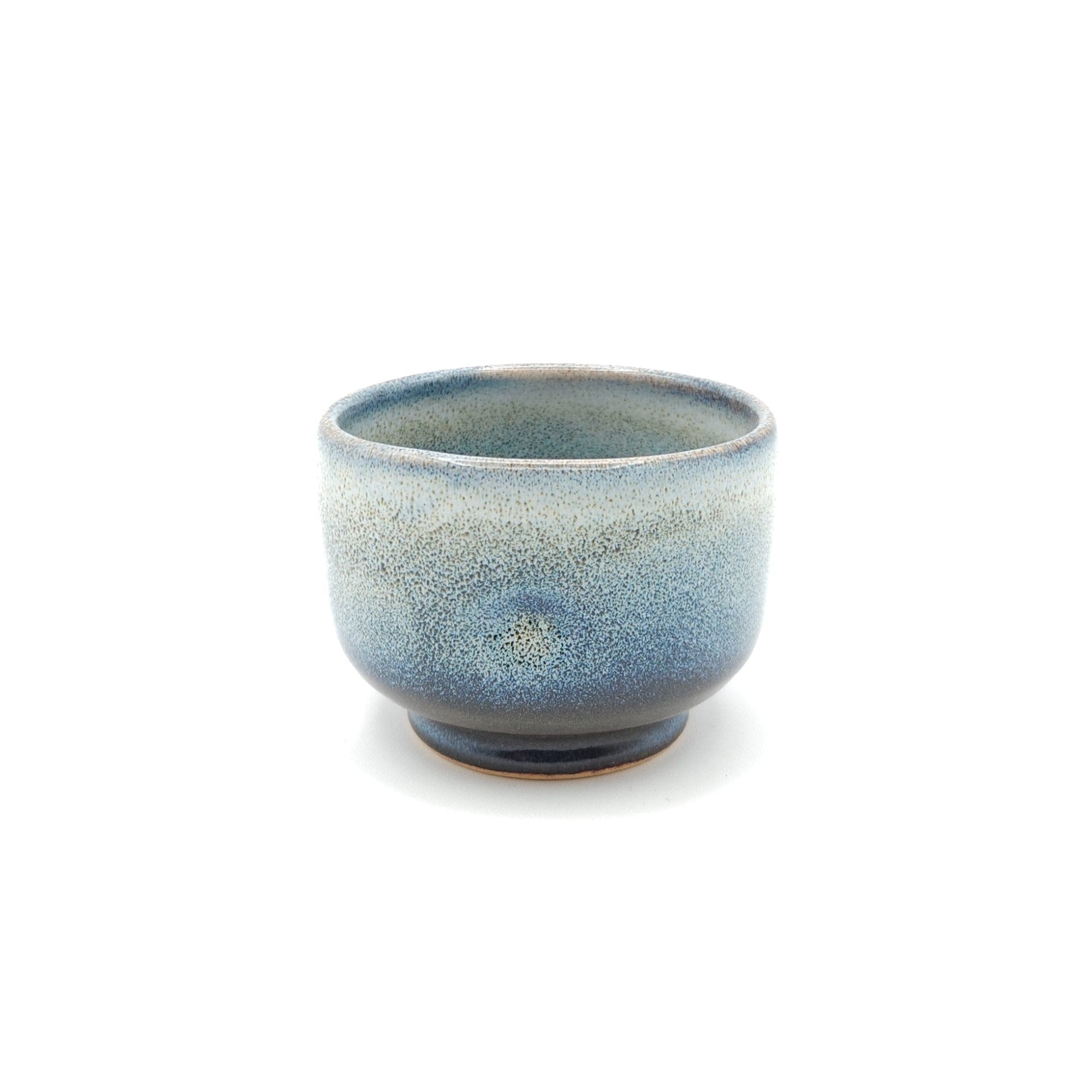 Authentic Japanese pottery teacup with tree decoration. blue and white color. (side view 3).