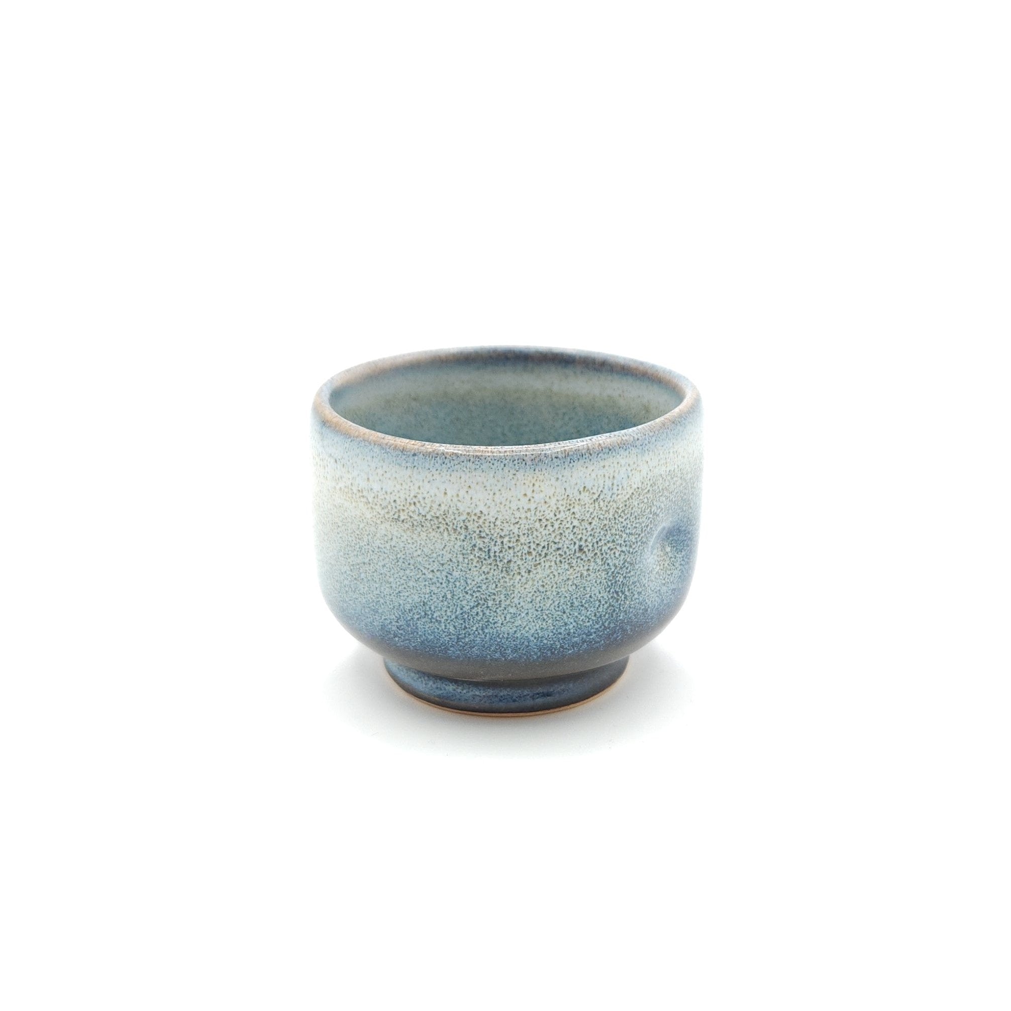 Authentic Japanese pottery teacup with tree decoration. blue and white color. (side view 4).