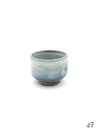 Authentic Japanese pottery teacup with tree decoration. blue and white color. (side view 4).