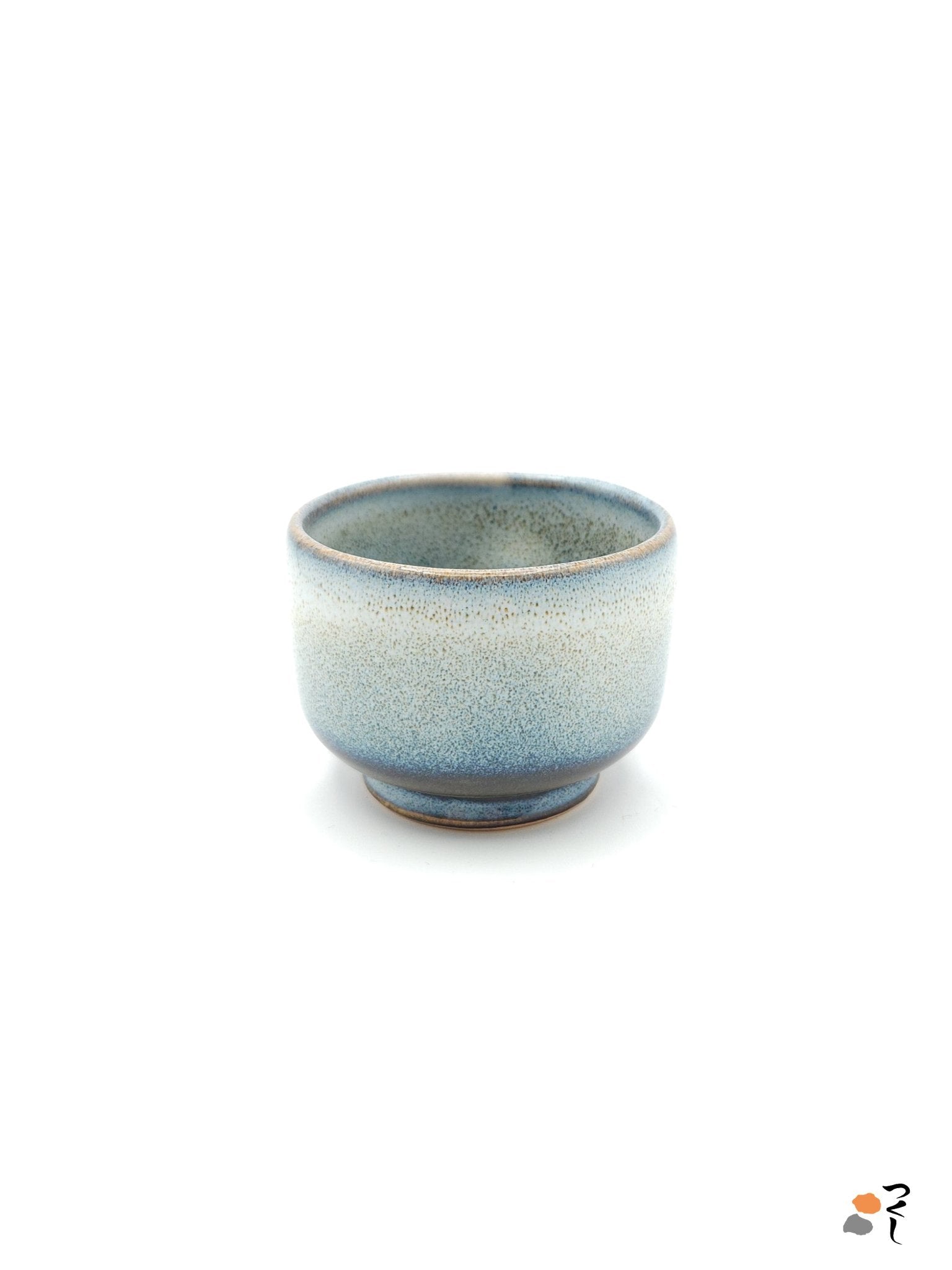 Authentic Japanese pottery teacup with tree decoration. blue and white color. (side view 5).