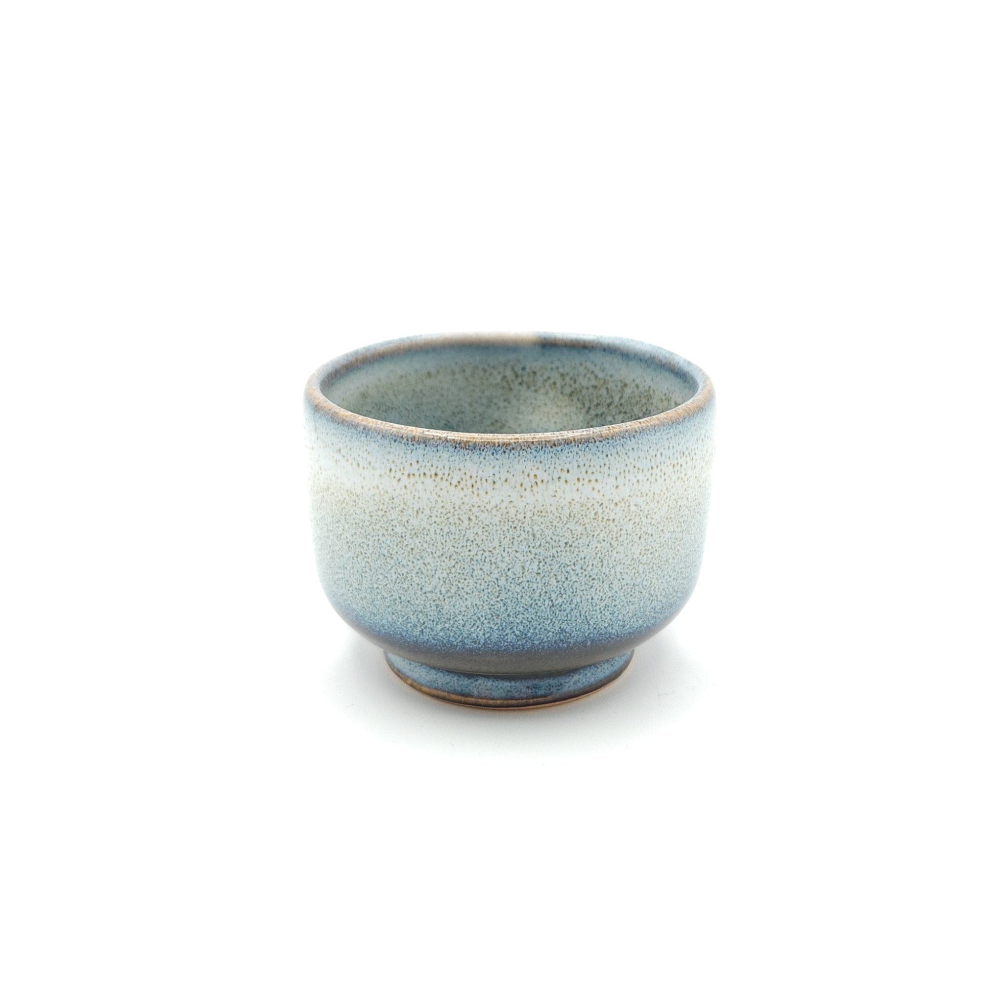 Authentic Japanese pottery teacup with tree decoration. blue and white color. (side view 5).