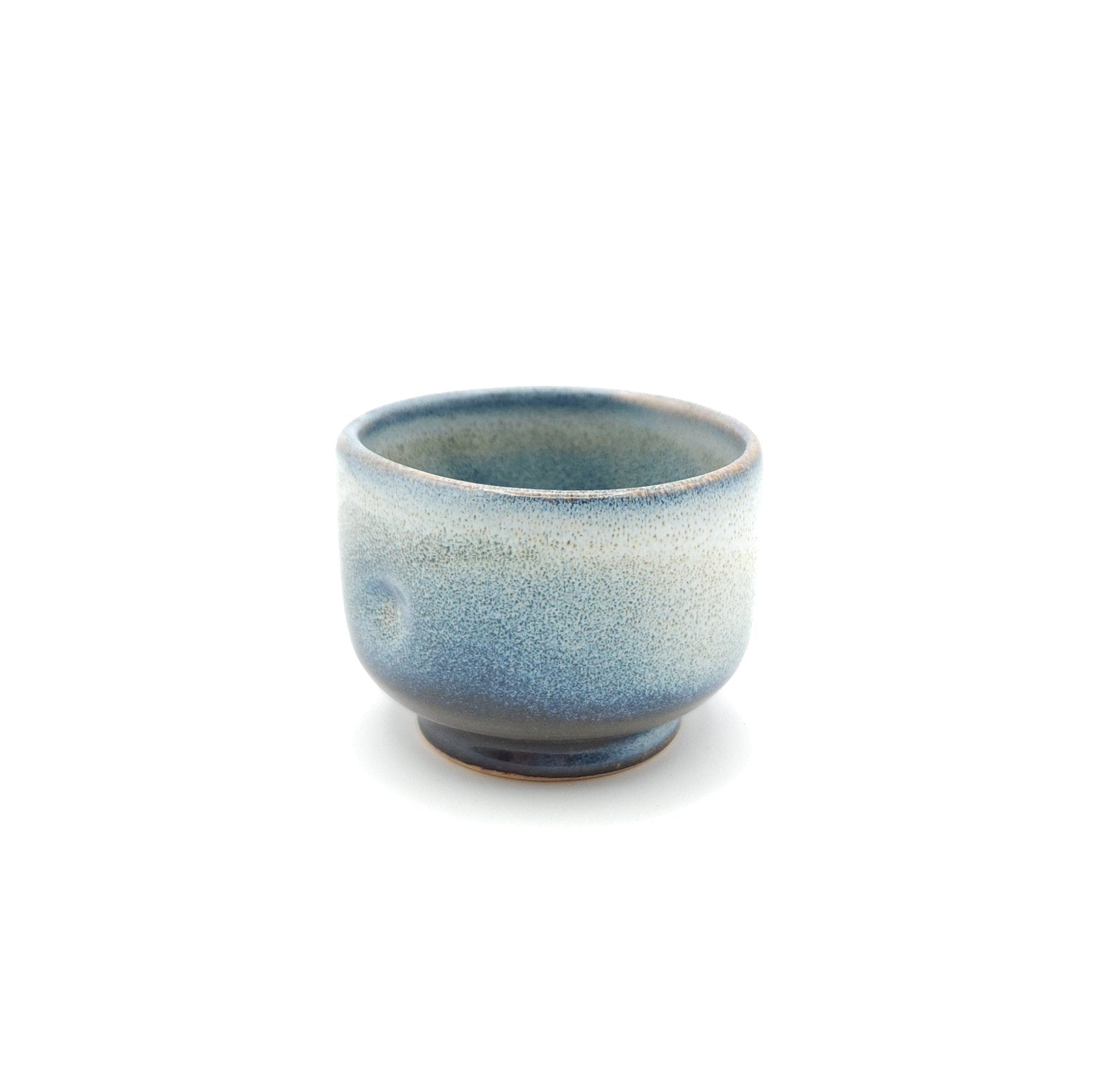 Authentic Japanese pottery teacup with tree decoration. blue and white color. (side view 6).