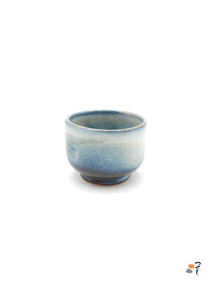 Authentic Japanese pottery teacup with tree decoration. blue and white color. (side view 6).