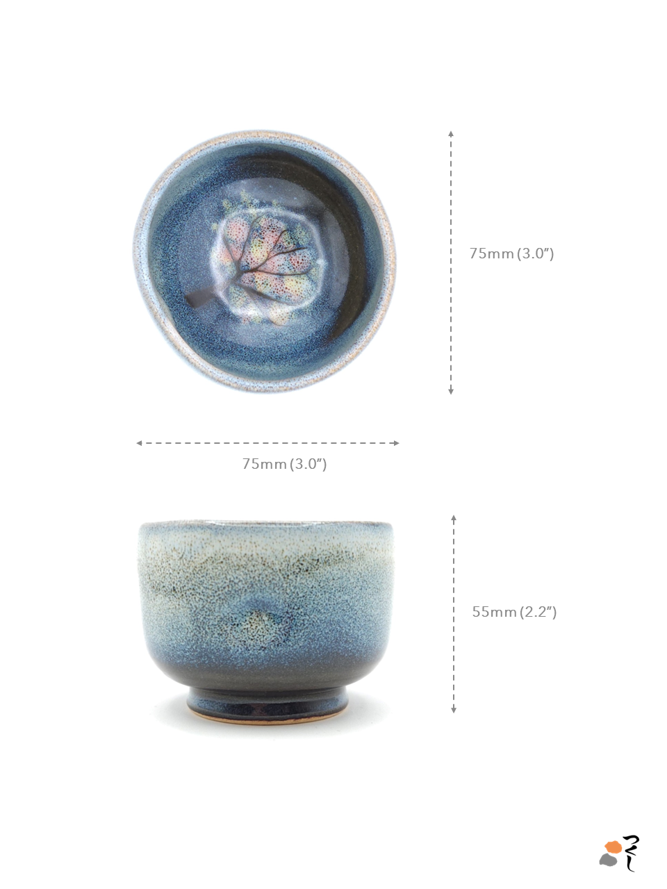 Authentic Japanese pottery teacup with tree decoration. blue and white color.  The image indicates the size of the teacup (75mm wide and 55mm high).