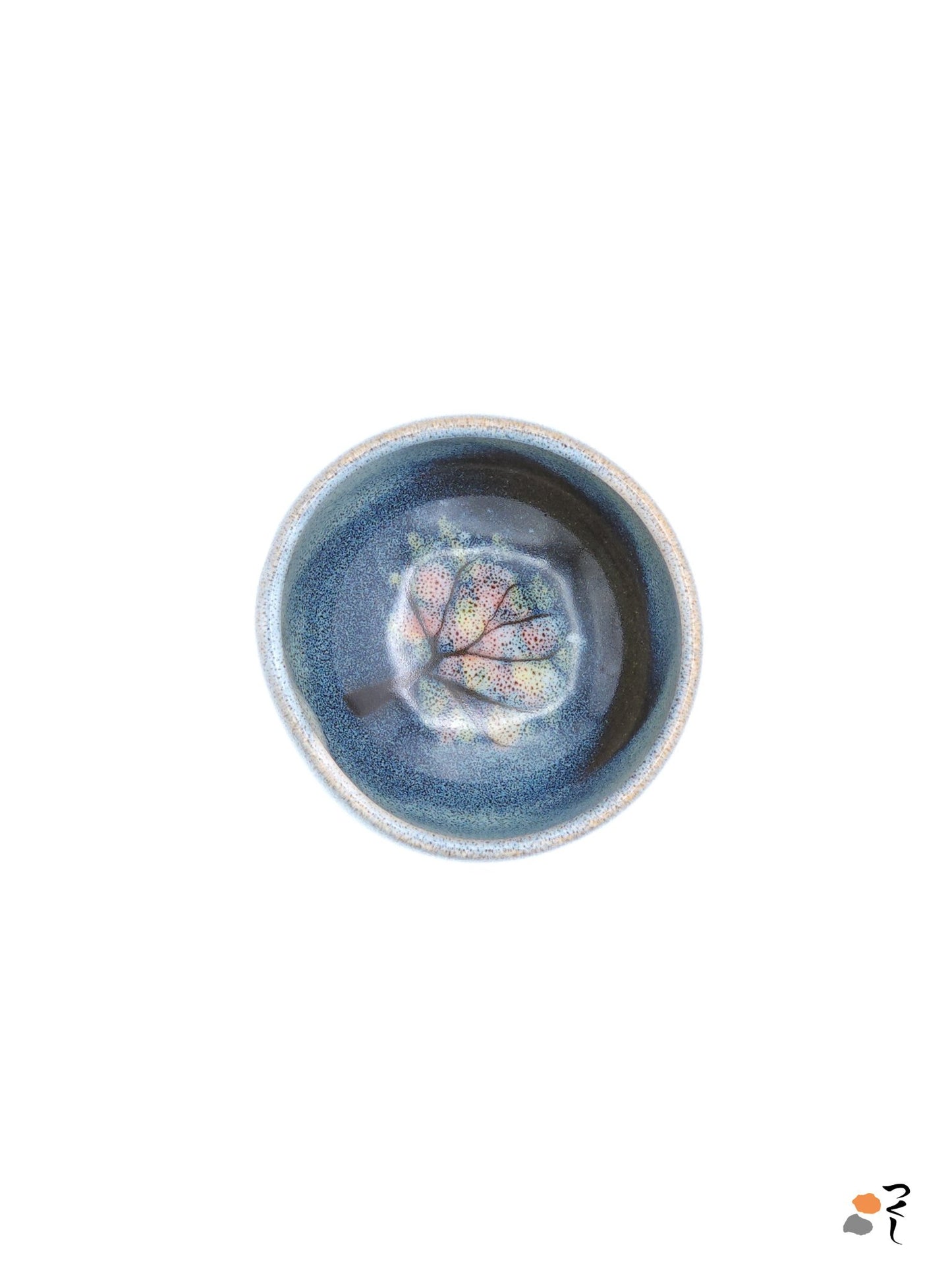 Authentic Japanese pottery teacup with tree decoration. blue and white color.  (top view 3).