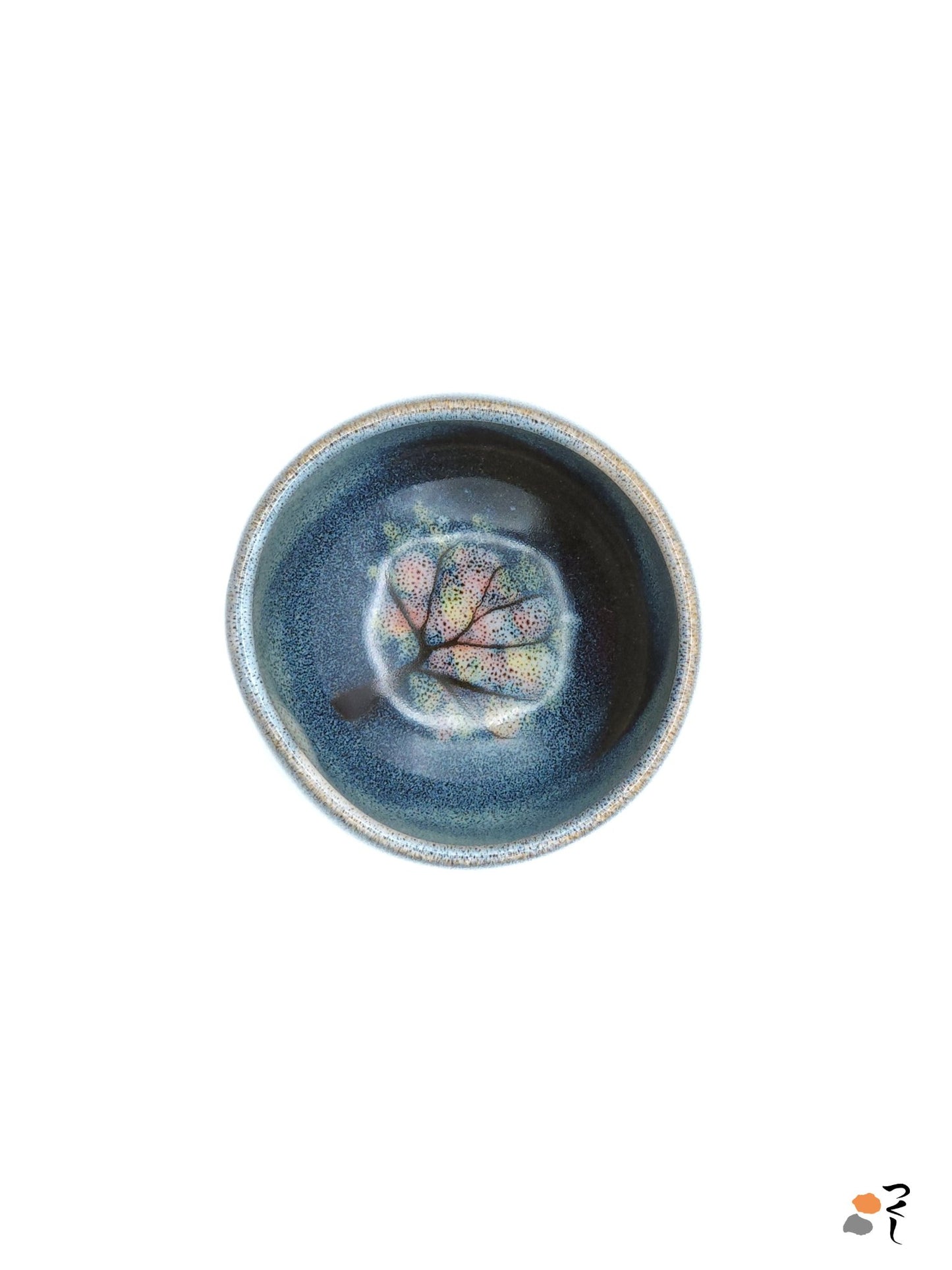 Authentic Japanese pottery teacup with tree decoration. blue and white color.  (top view 6).