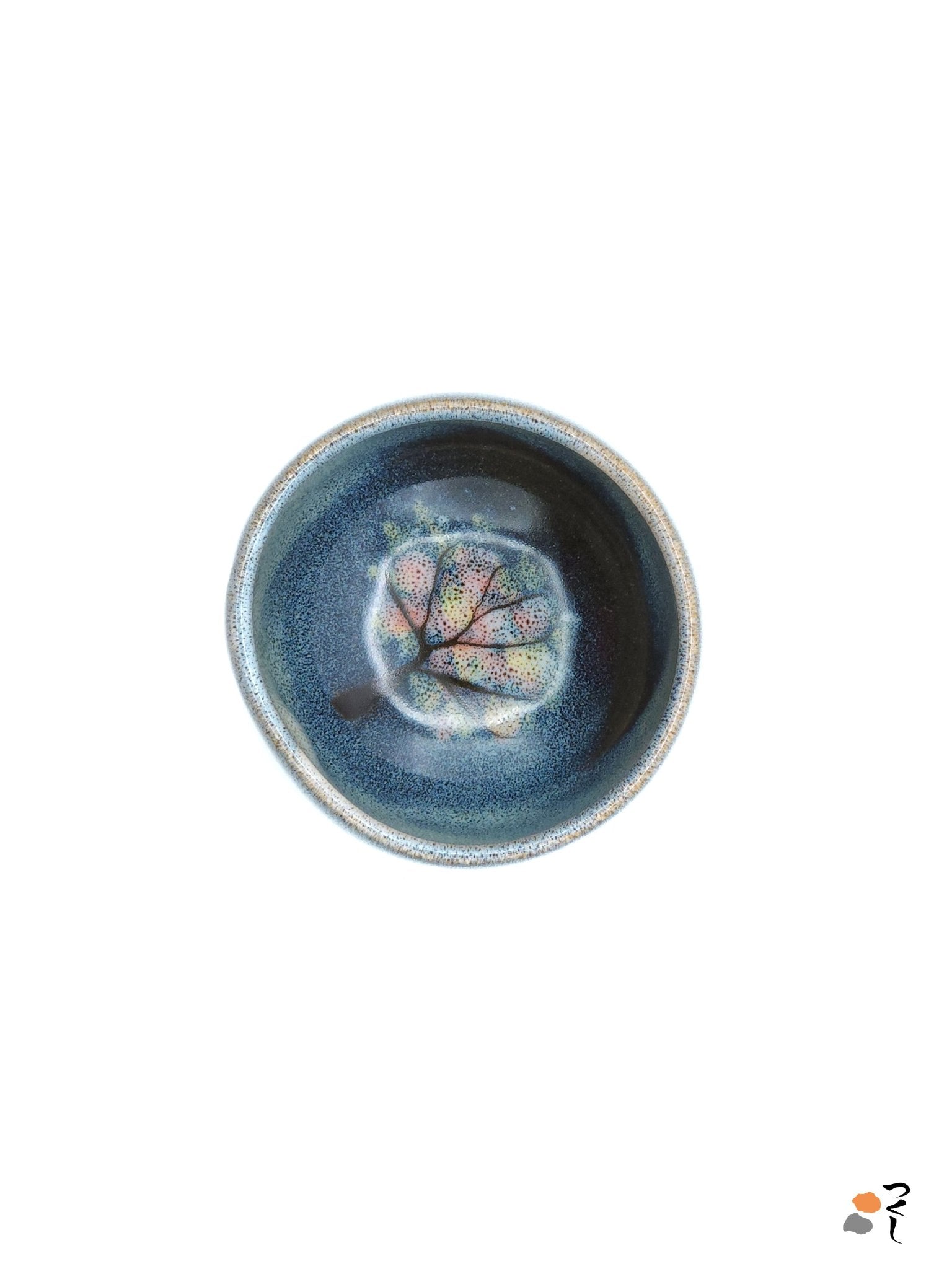 Authentic Japanese pottery teacup with tree decoration. blue and white color.  (top view 6).