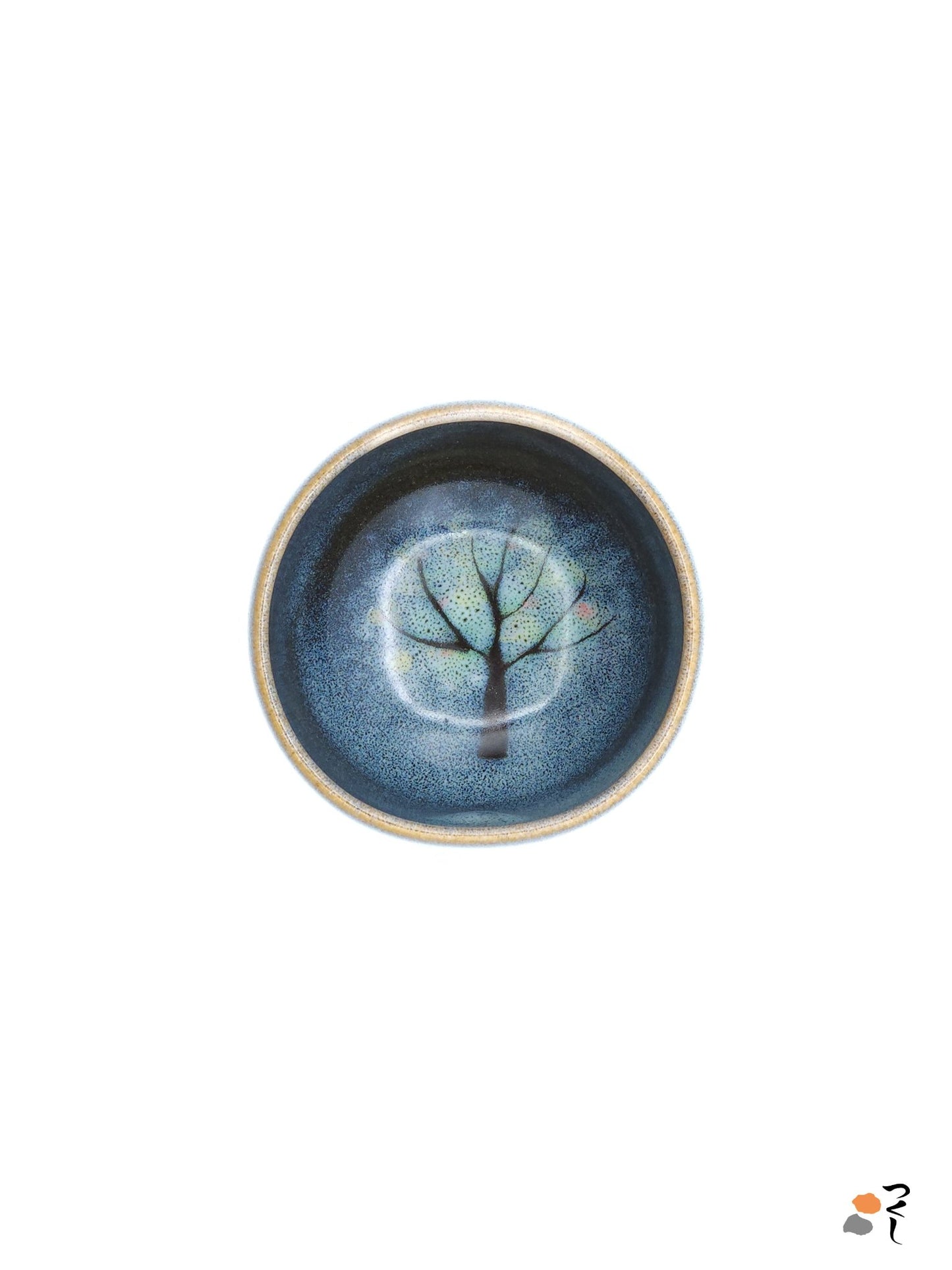 Authentic Japanese pottery teacup with tree decoration. blue and white color.  (top view 7).