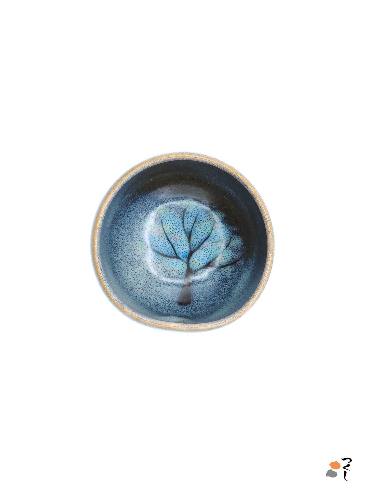 Authentic Japanese pottery teacup with tree decoration. blue and white color.  (top view 8).