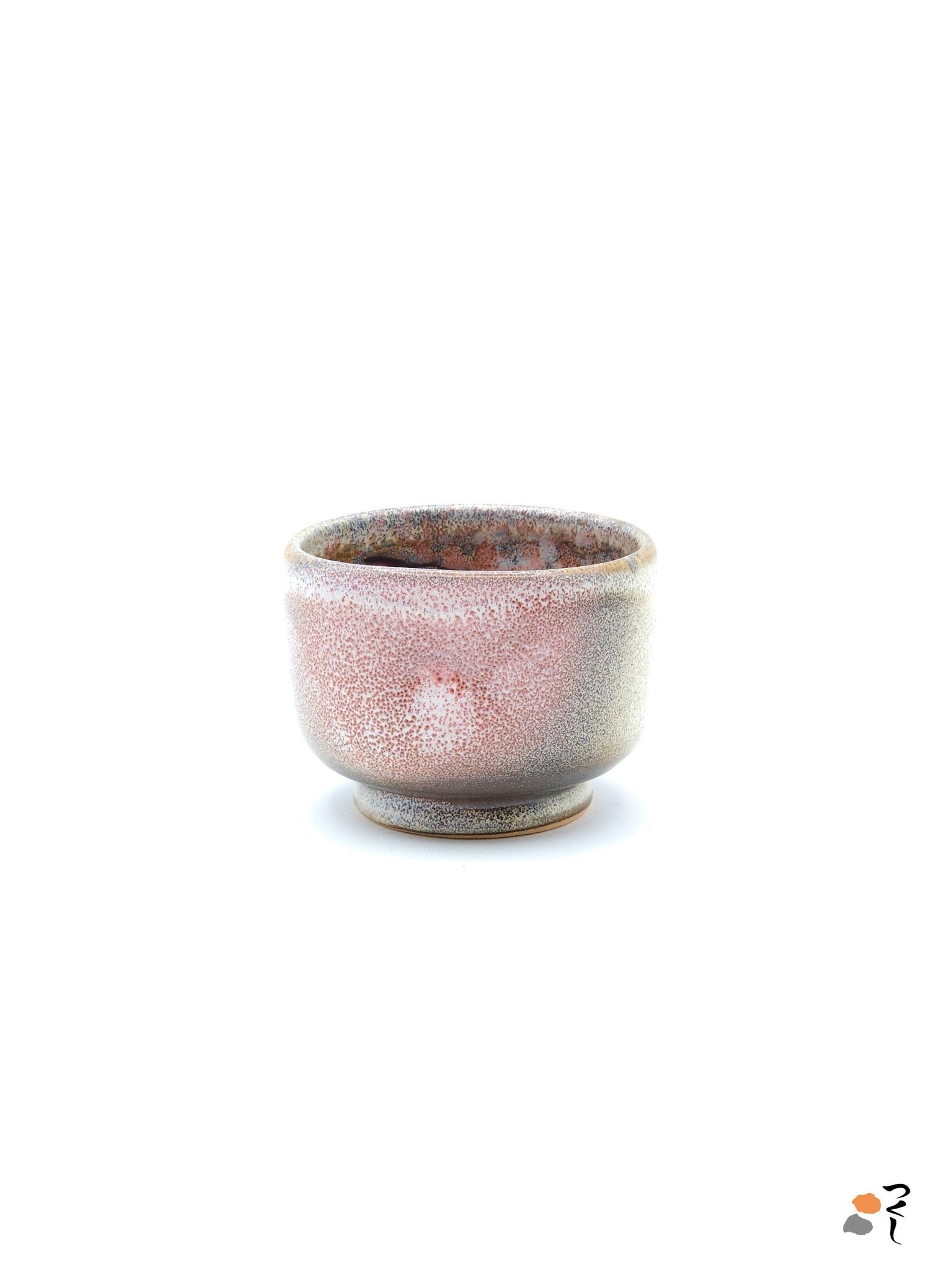 Authentic Japanese pottery teacup with cherry blossoms decoration. pick and beige color. (side view 1).