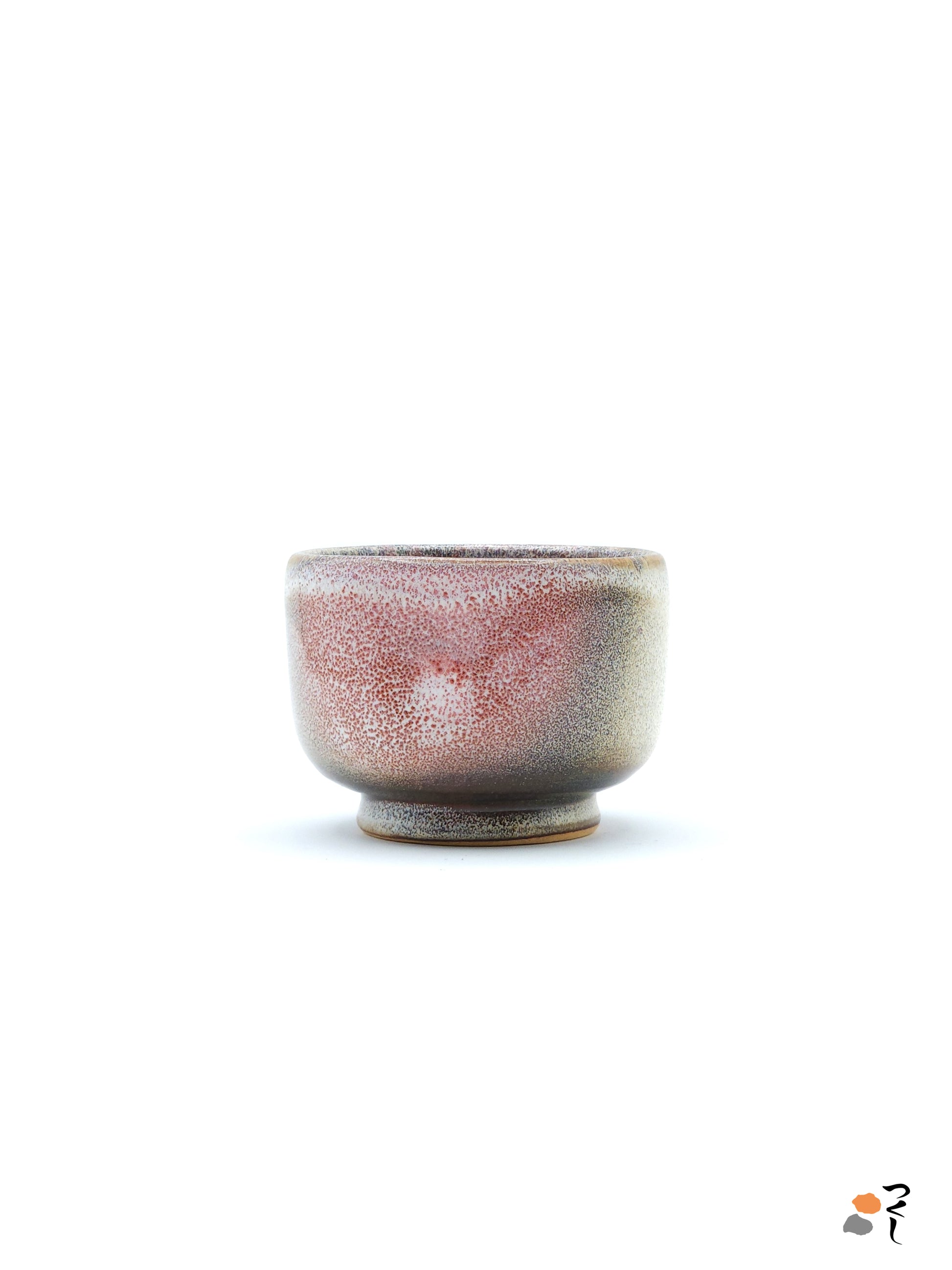 Authentic Japanese pottery teacup with cherry blossoms decoration. pick and beige color. (side view 2).