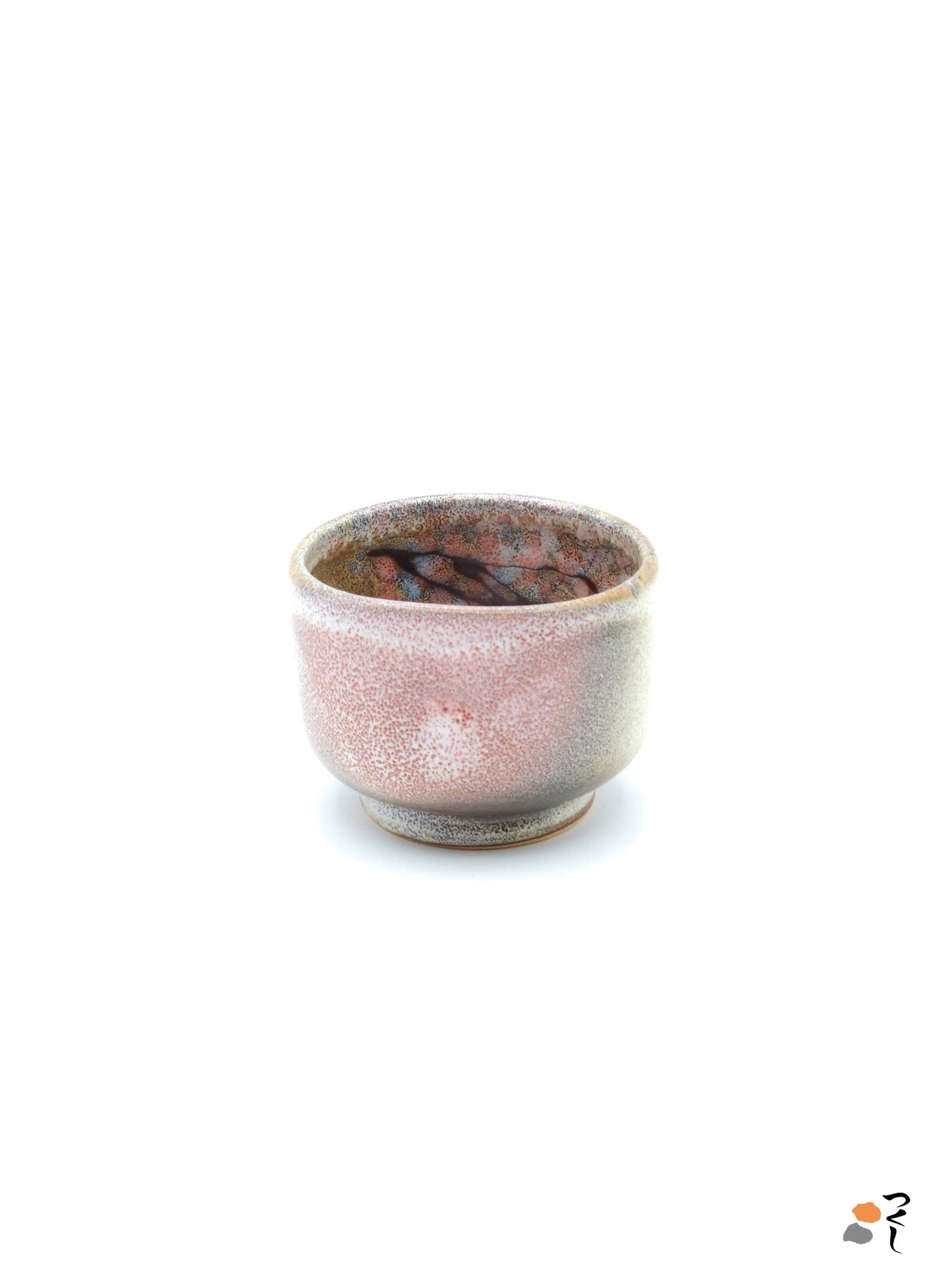 Authentic Japanese pottery teacup with cherry blossoms decoration. pick and beige color. (side view 3).