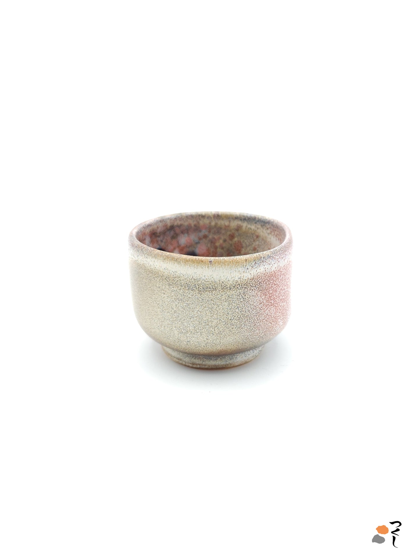 Authentic Japanese pottery teacup with cherry blossoms decoration. pick and beige color. (side view 4).