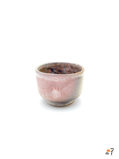 Authentic Japanese pottery teacup with cherry blossoms decoration. pick and beige color. (side view 6).