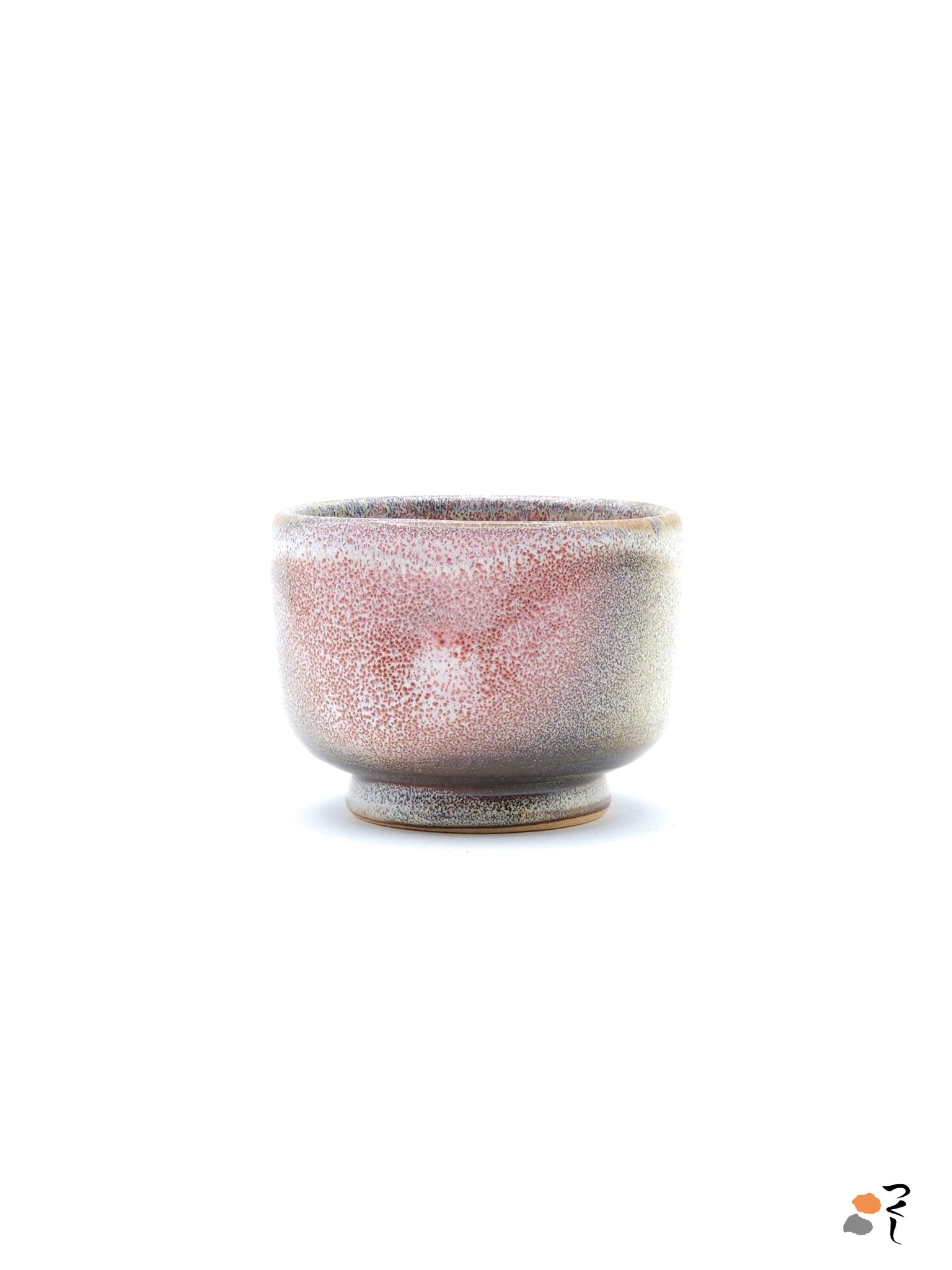 Authentic Japanese pottery teacup with cherry blossoms decoration. pick and beige color. (side view 7).