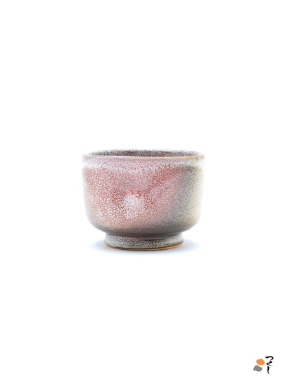 Authentic Japanese pottery teacup with cherry blossoms decoration. pick and beige color. (side view 7).