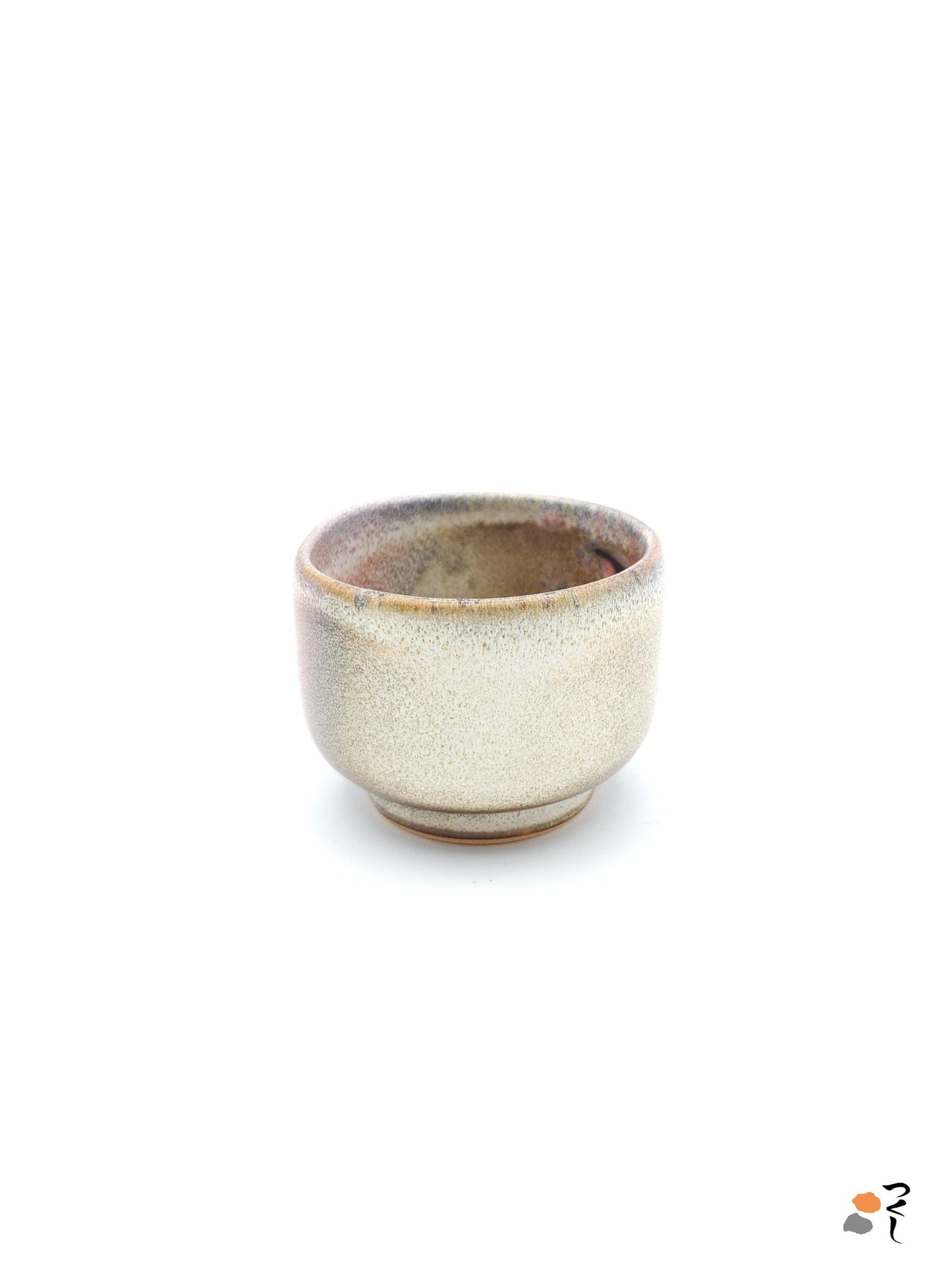 Authentic Japanese pottery teacup with cherry blossoms decoration. pick and beige color. (side view 8).