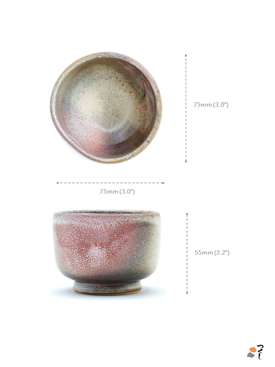 Authentic Japanese pottery teacup with cherry blossoms decoration. pick and beige color.  The image indicates the size of the teacup (75mm wide and 55mm high).