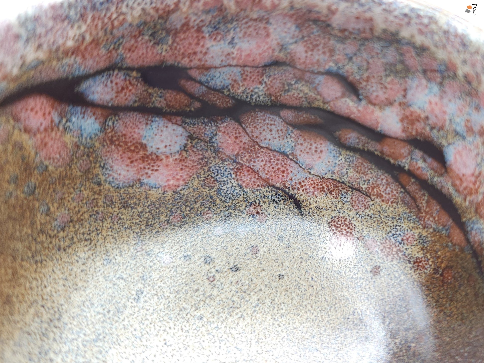 Authentic Japanese pottery teacup with cherry blossoms decoration. pick and beige color.  (top detail view 2).